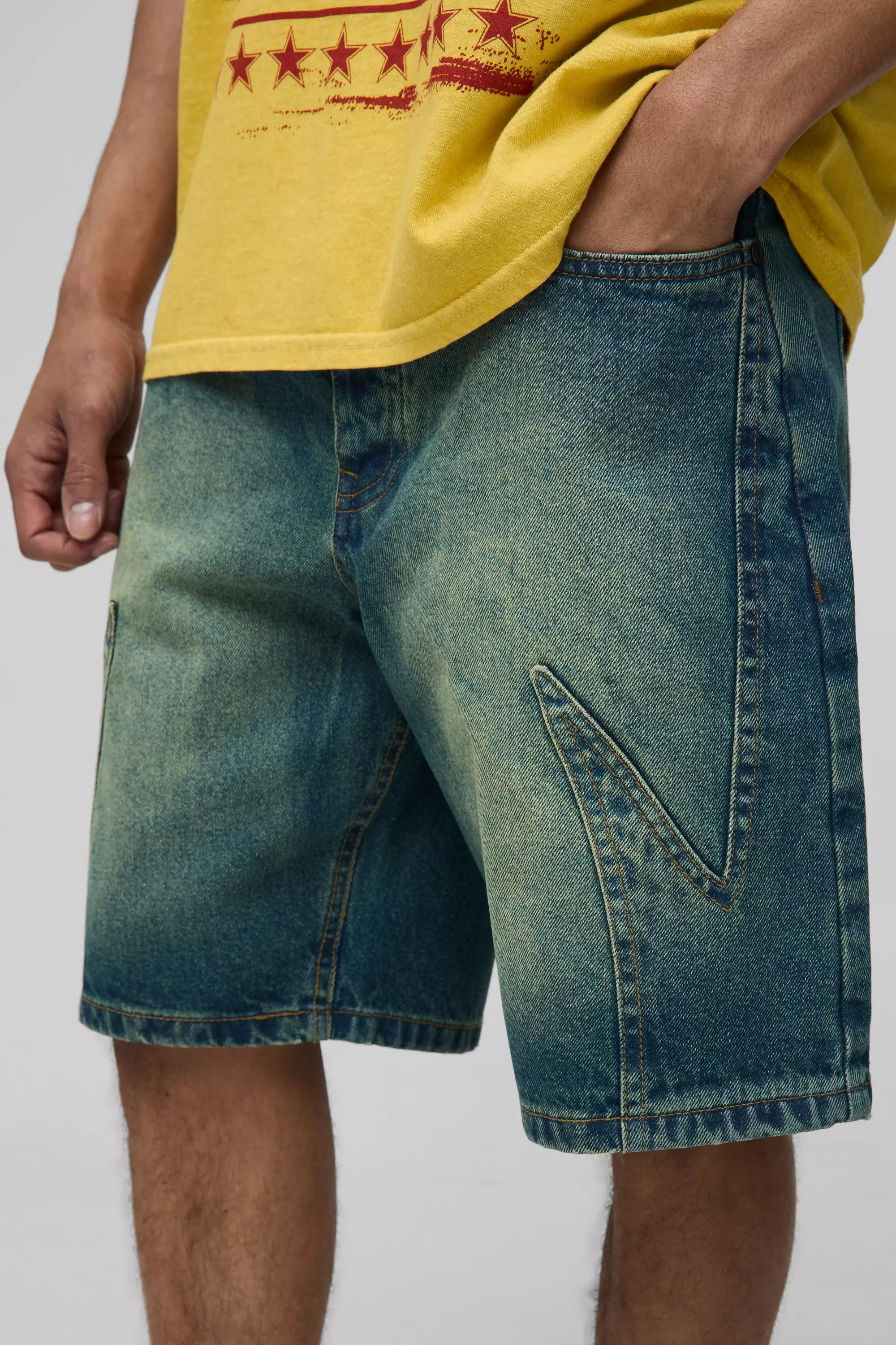 Relaxed Long Length Paneled Green Tinted Shorts | boohooMAN USA