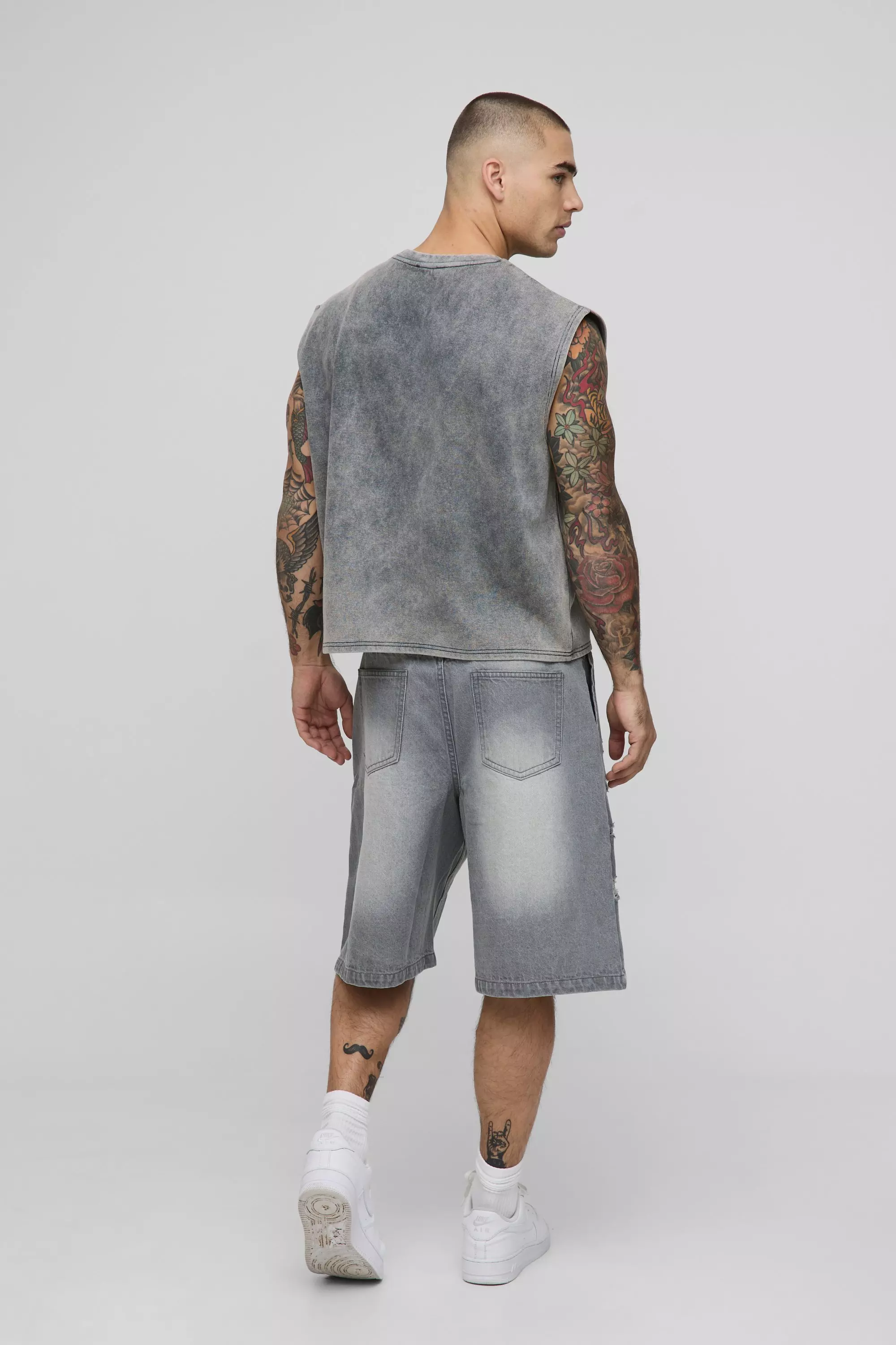 Parachute Ripped Paneled Ice Grey Denim Shorts | boohooMAN