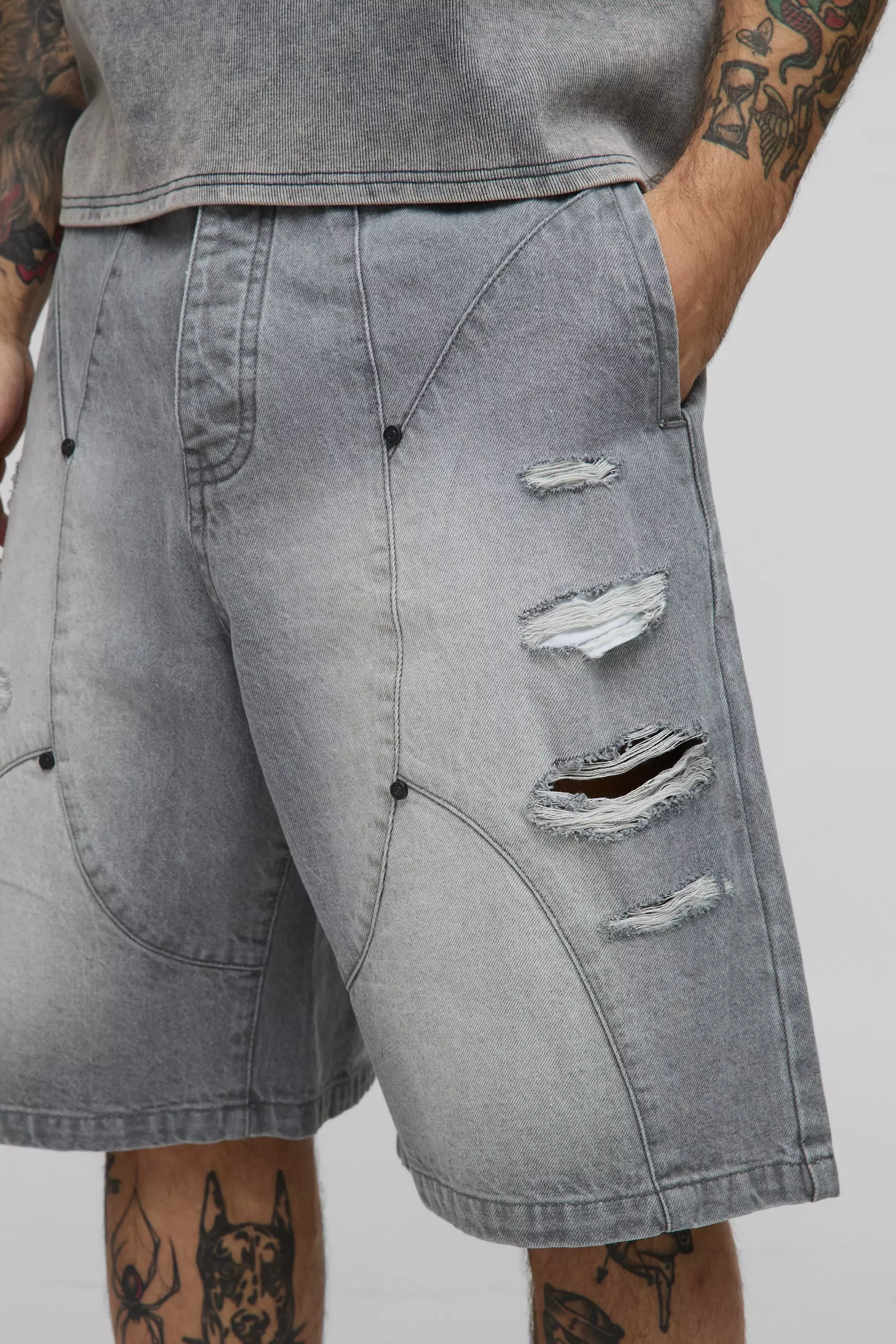 Parachute Ripped Paneled Ice Grey Denim Shorts | boohooMAN