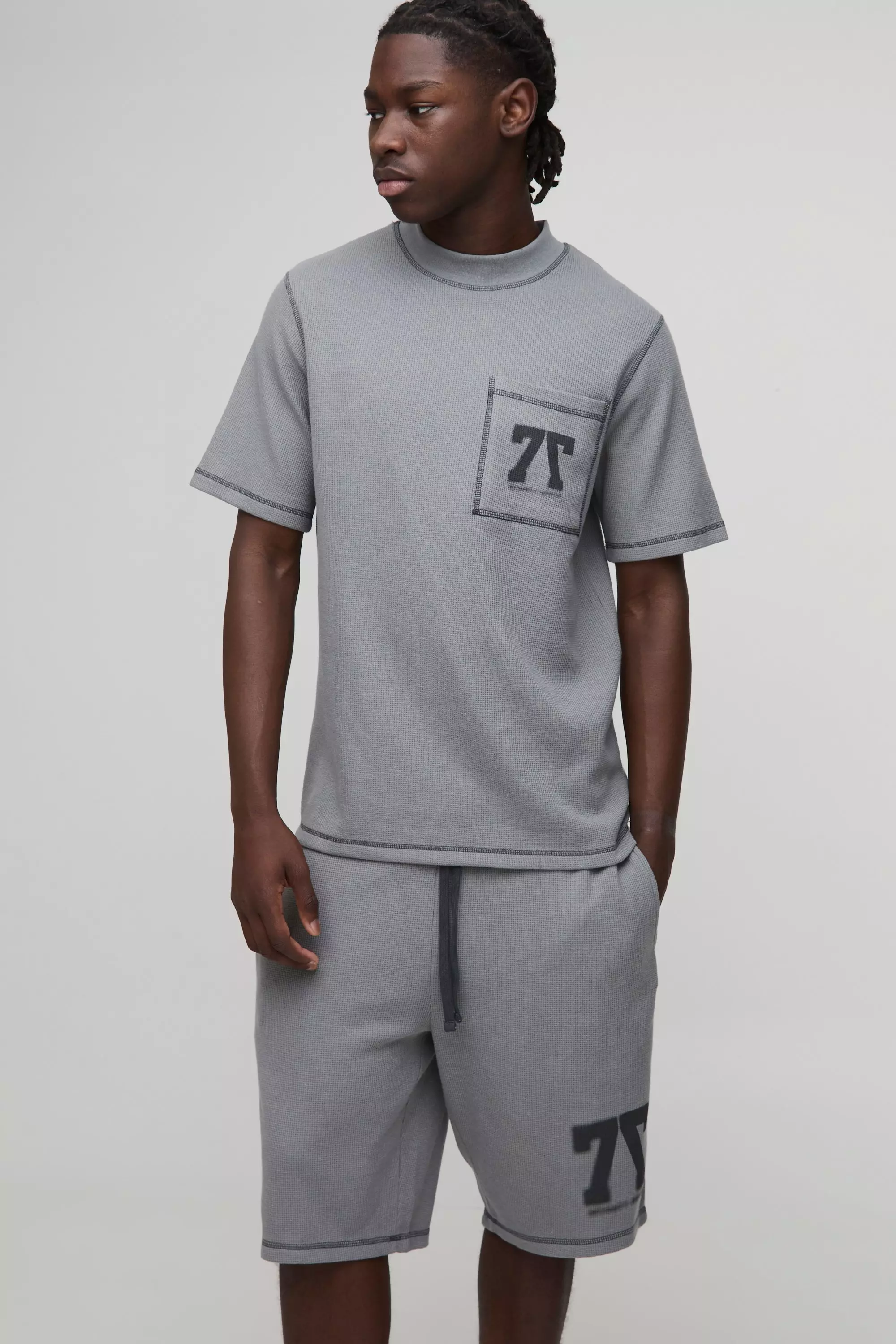 Regular Fit Waffle Graphic T Shirt And Short Set Charcoal