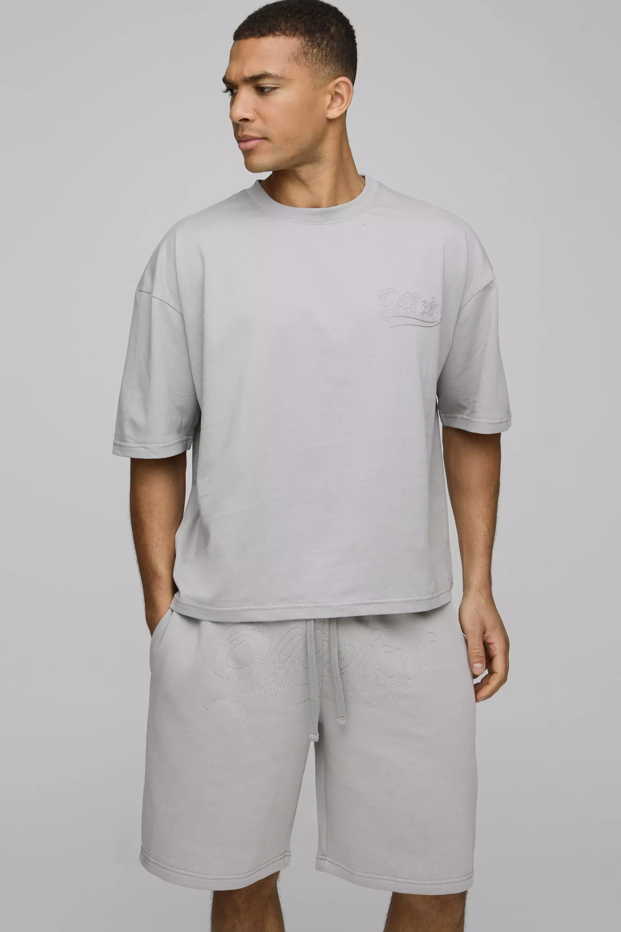 Grey Oversized Boxy Official Contrast Stitch T-shirt and Short Set