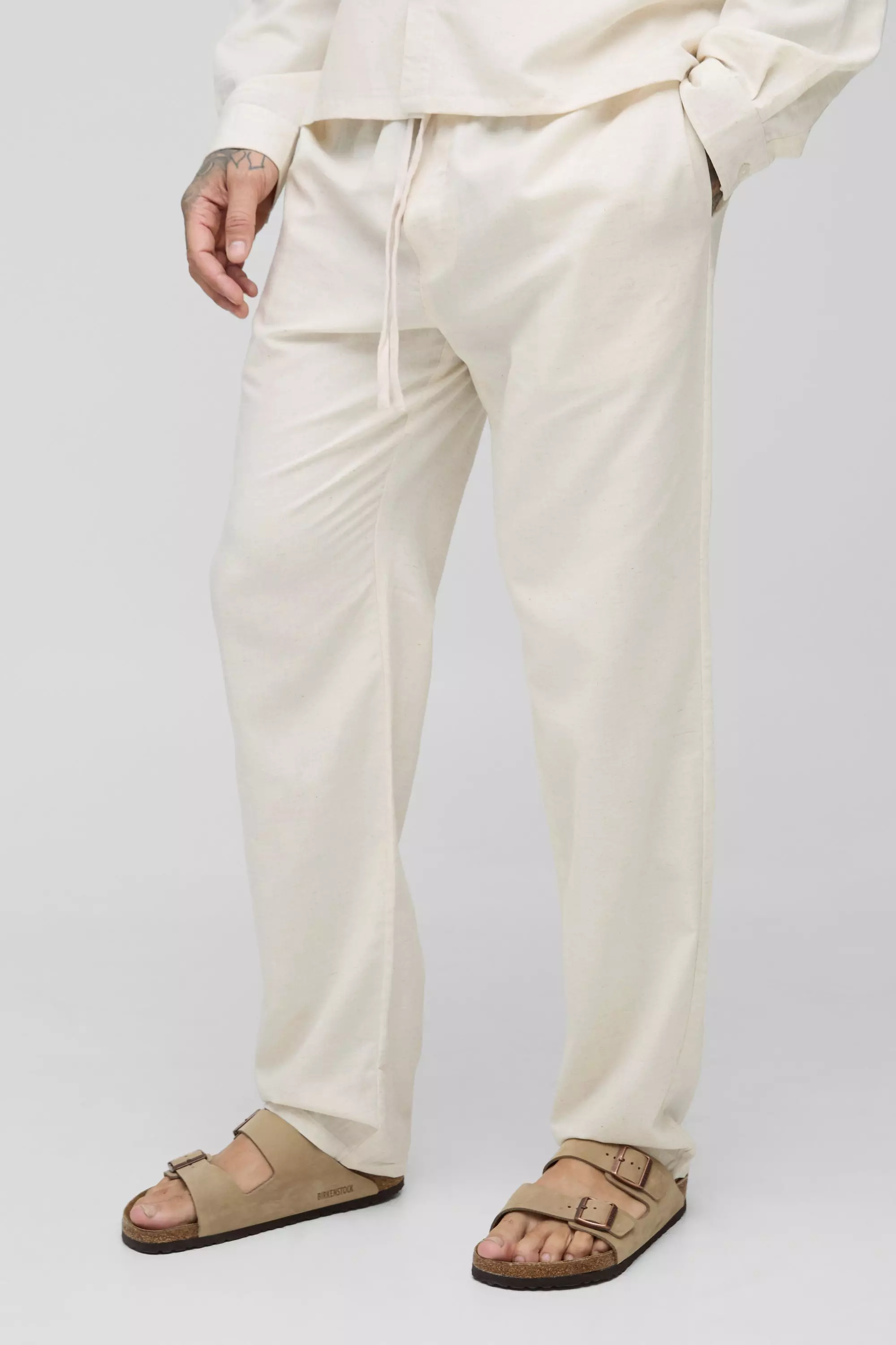 Tall Linen Look Elasticated Waist Straight Leg Pants | boohooMAN USA