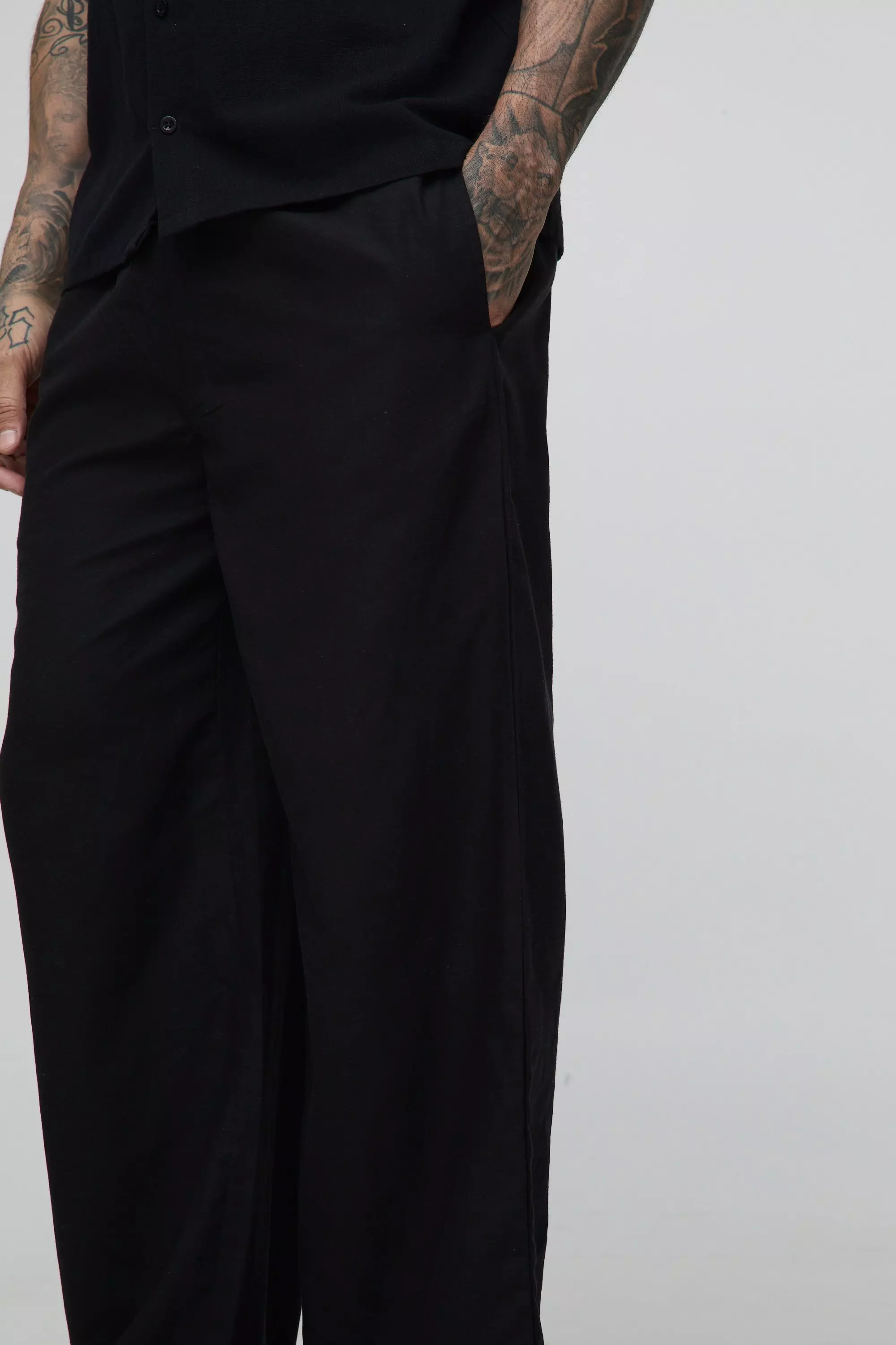 Tall Linen Look Elasticated Waist Baggy Trousers | boohooMAN USA