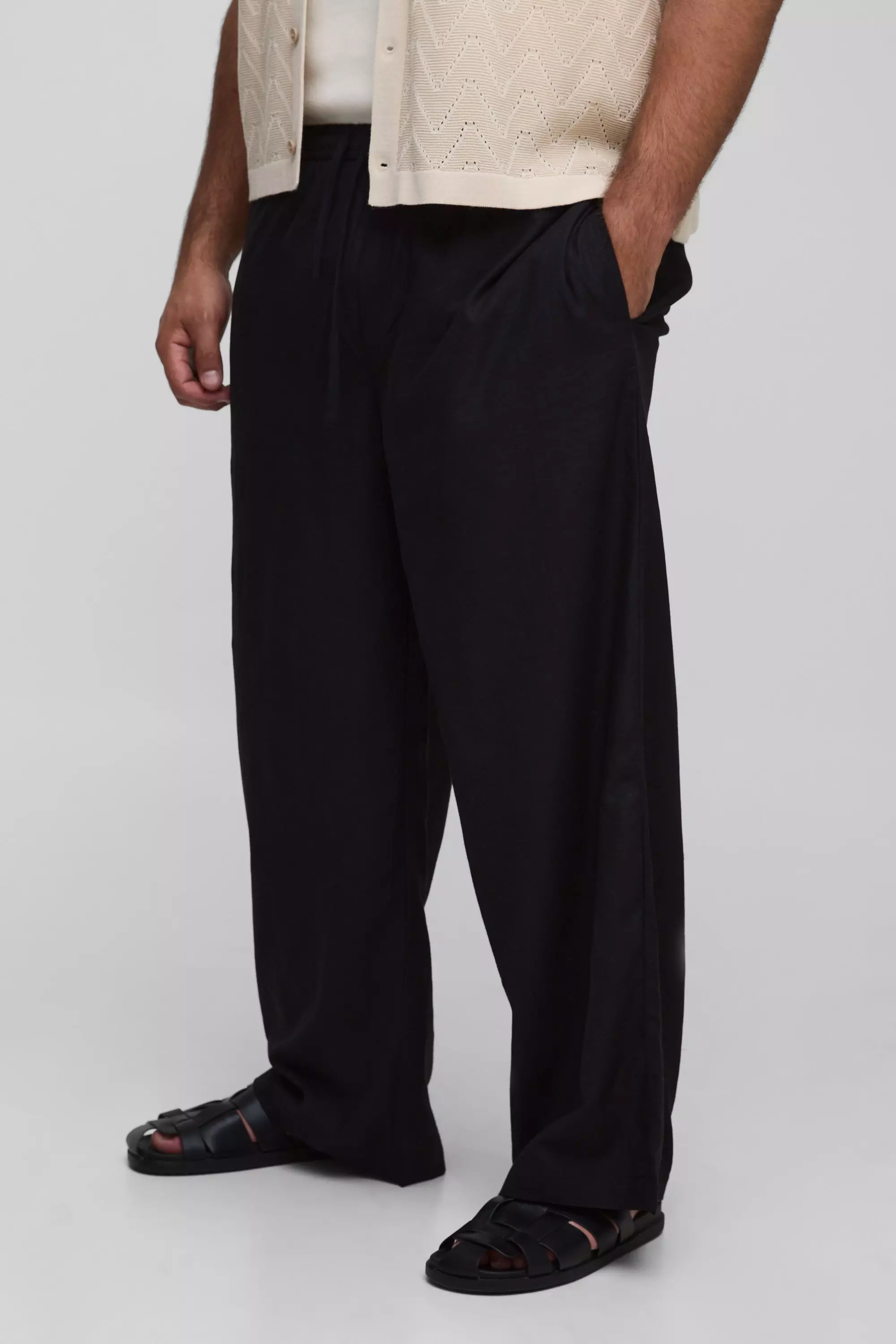 Plus Linen Look Elasticated Waist Baggy Pants Black