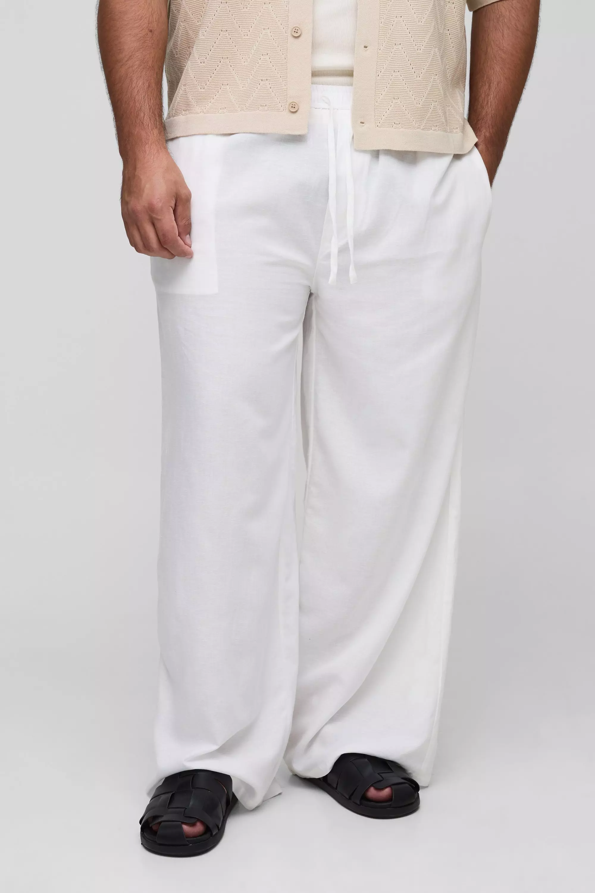 White Plus Linen Look Elasticated Waist Baggy Pants
