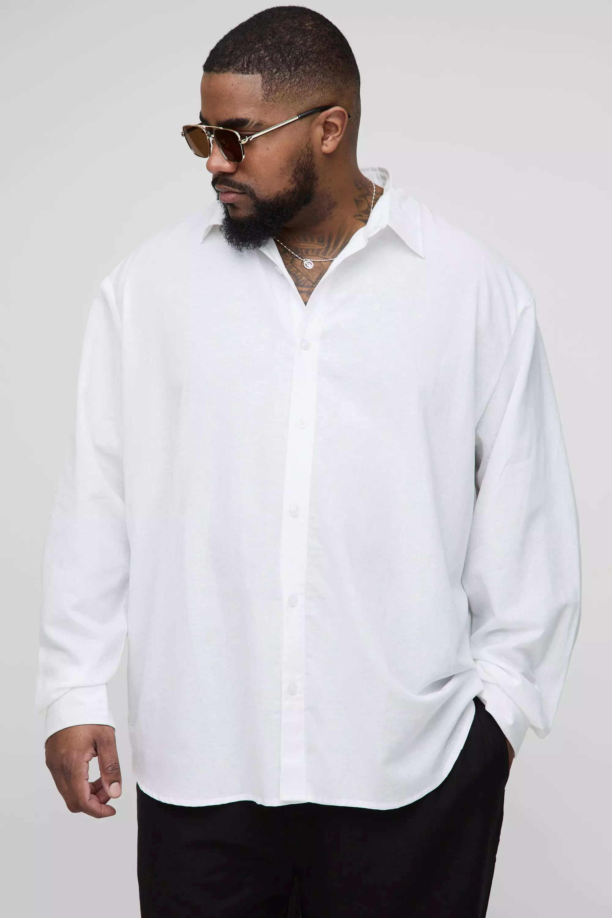 White Plus Long Sleeve Super Oversized Linen Blend Shirt alternative image