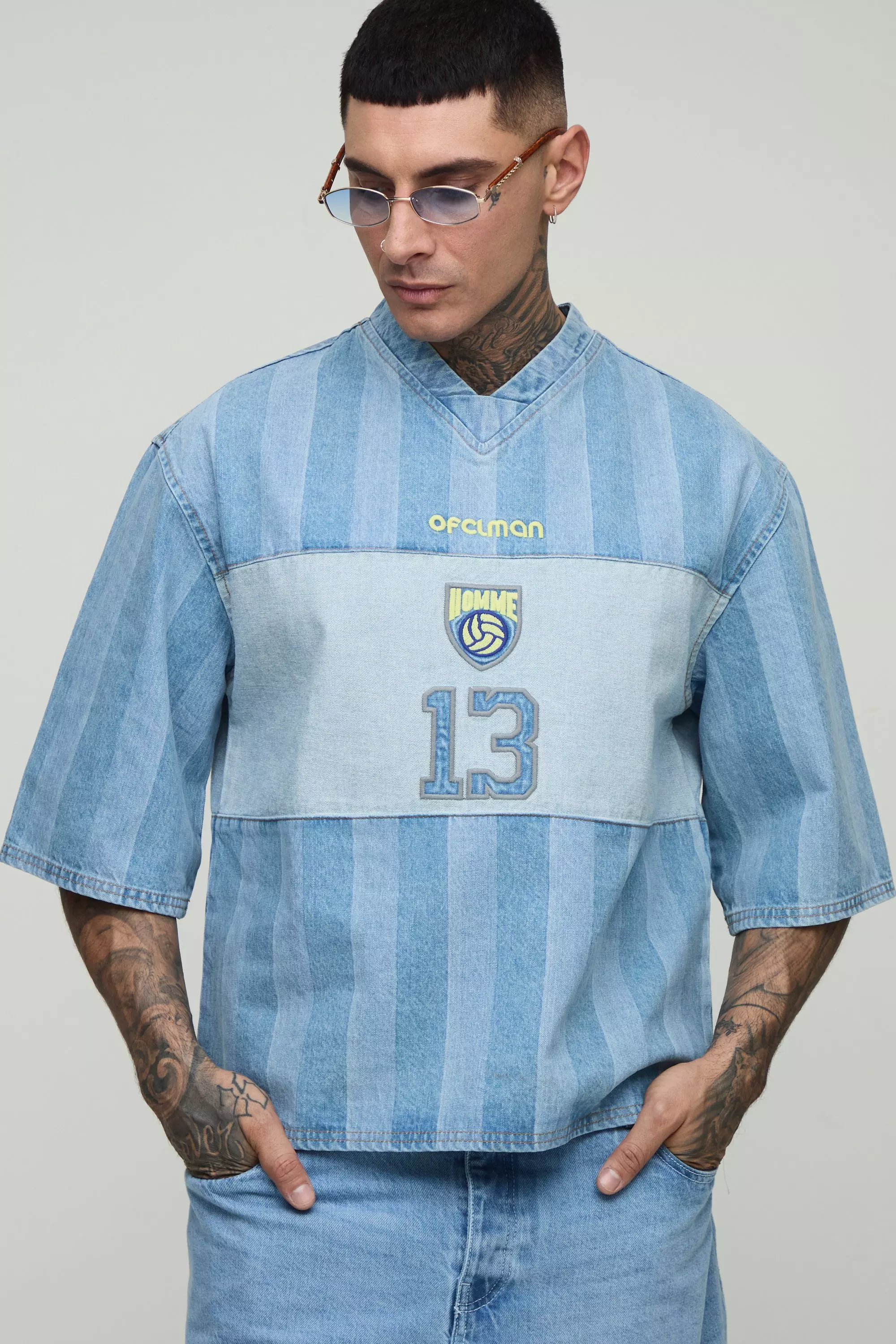 Tall Oversized Embroidery Football Denim T-Shirt Light blue