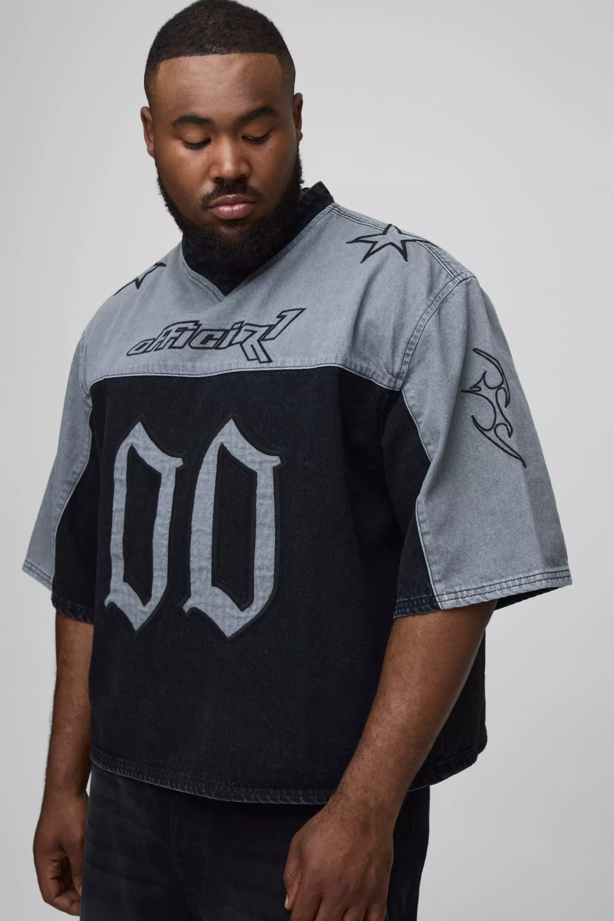 Plus Oversized Embroidery Football Denim T-Shirt Washed black