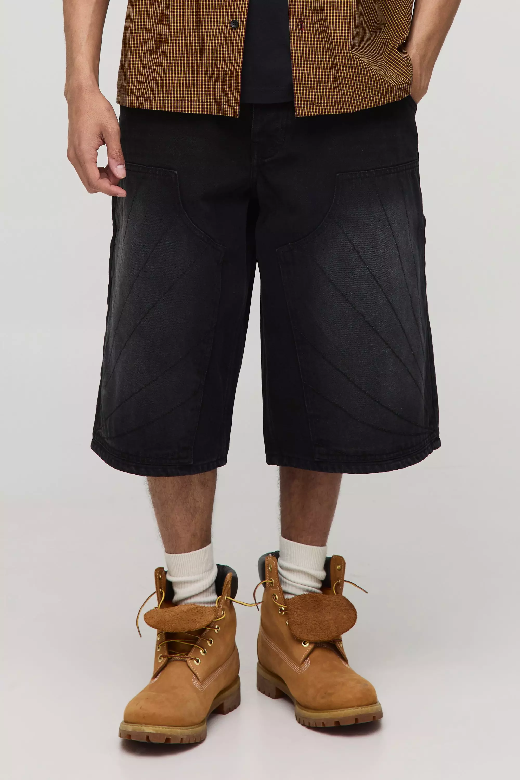 Longline Carpenter Stitch Detail Denim Jorts | boohooMAN USA