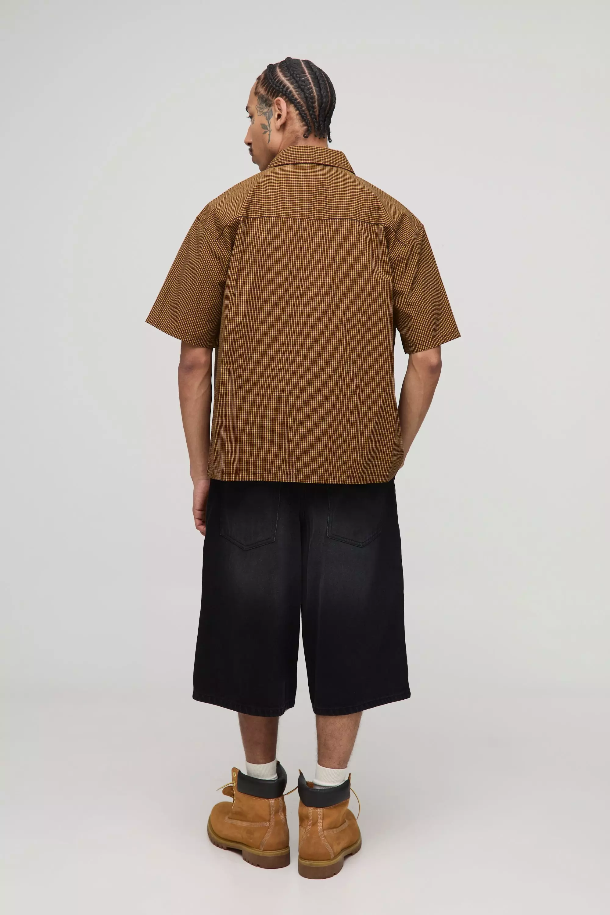 Longline Carpenter Stitch Detail Denim Jorts | boohooMAN USA