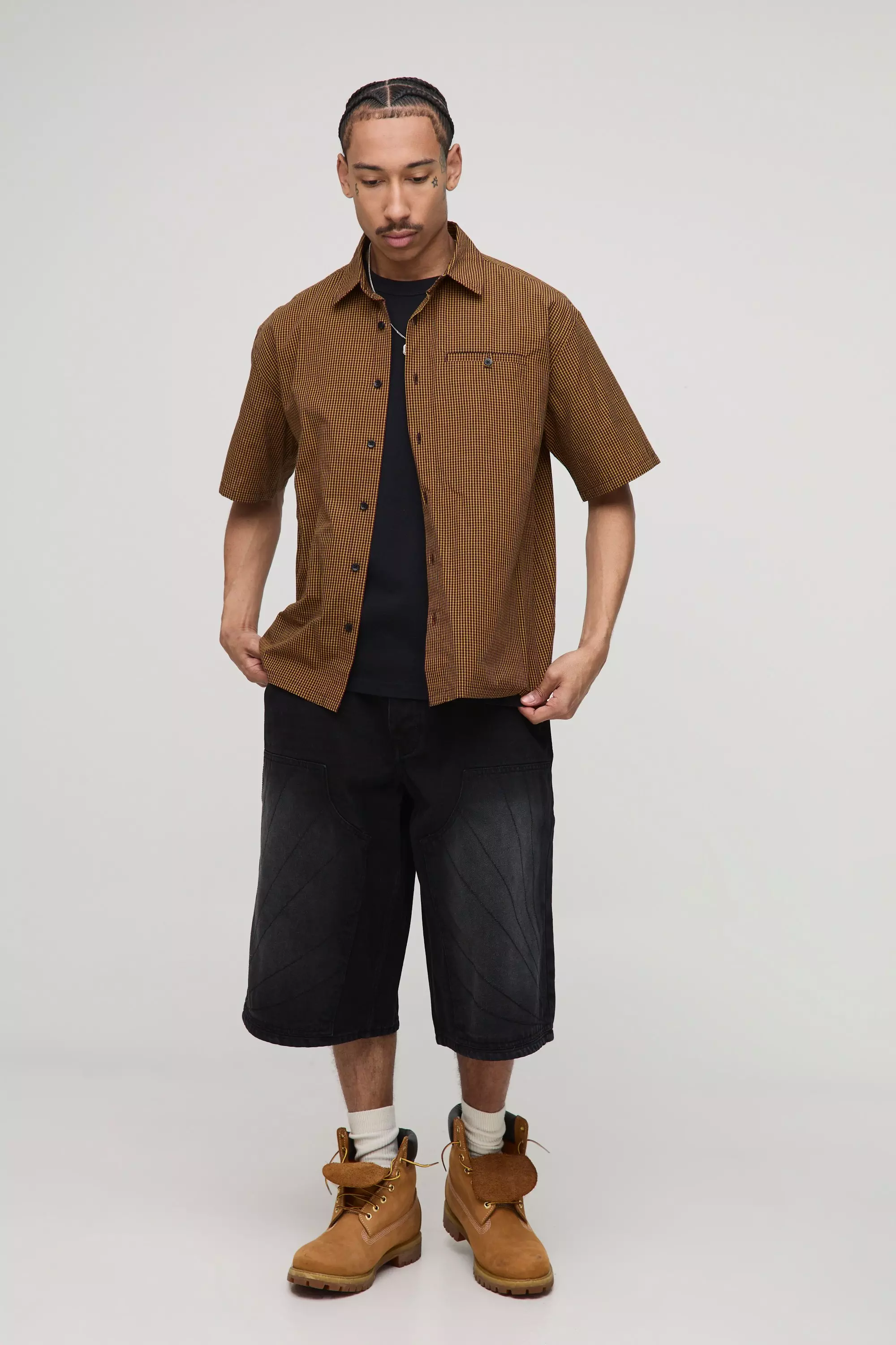 Longline Carpenter Stitch Detail Denim Jorts | boohooMAN USA