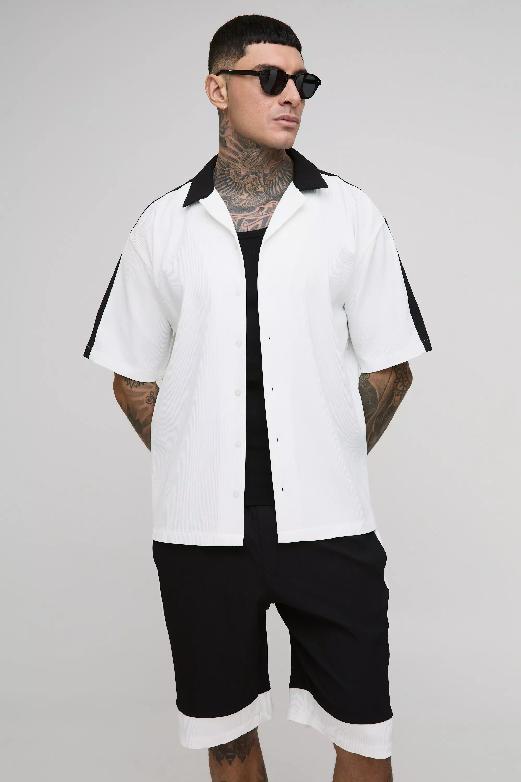 Tall Oversized Pleated Short Sleeve Panel Shirt & Short Set Black