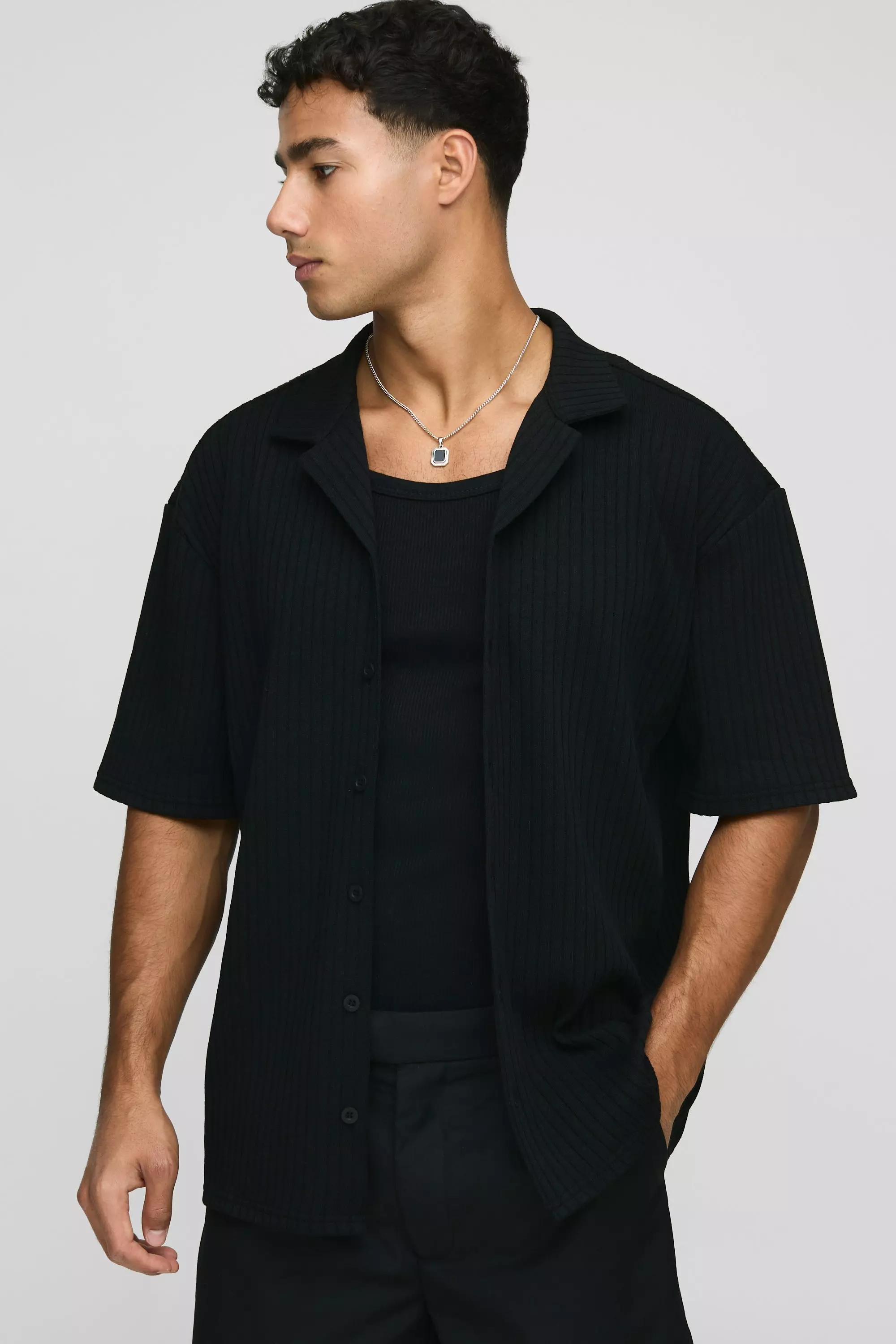 Oversized Textured Ribbed Jersey Shirt Black