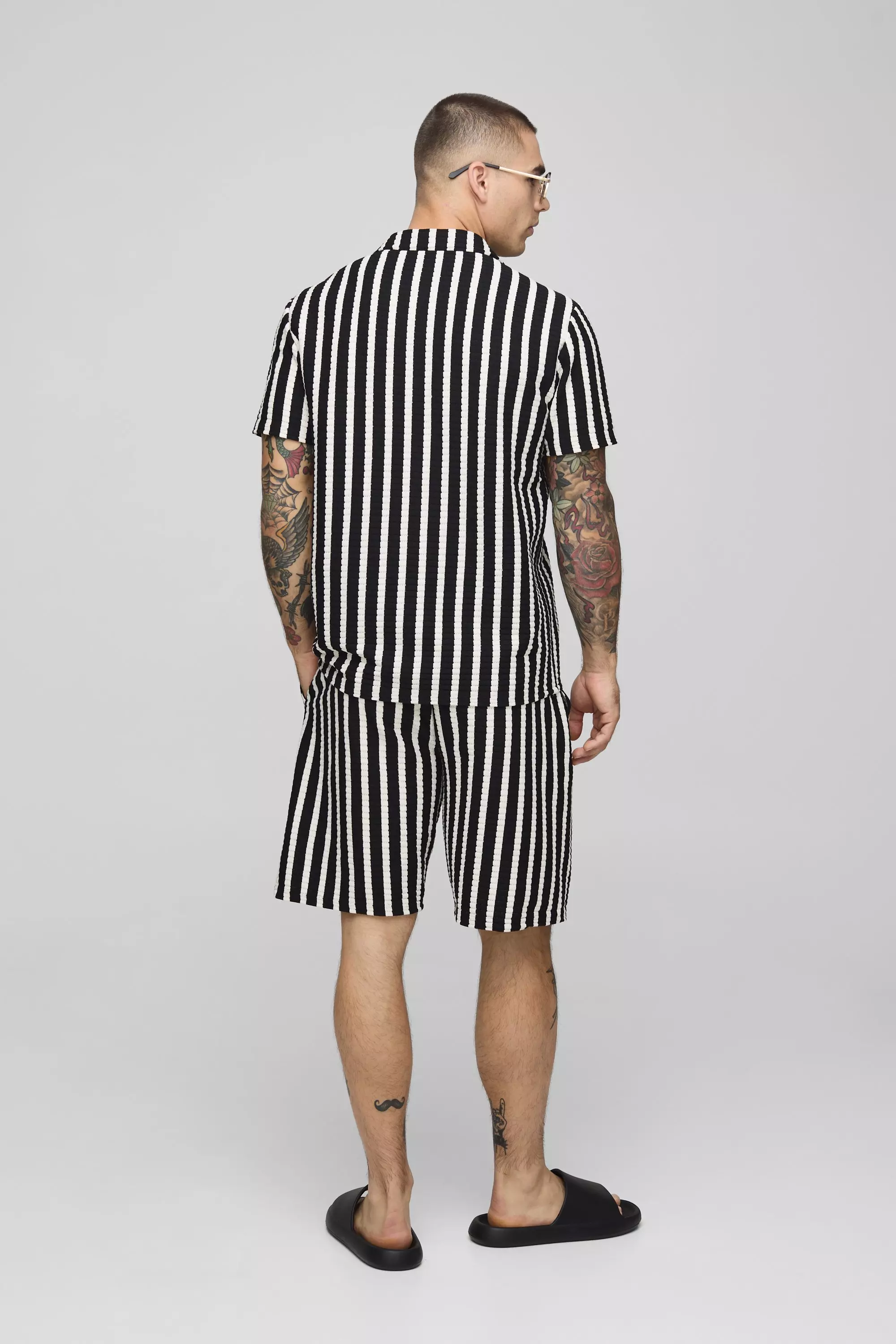 Regular Fit Textured Stripe Revere Collar Jersey Shirt and Shorts Set | boohooMAN USA