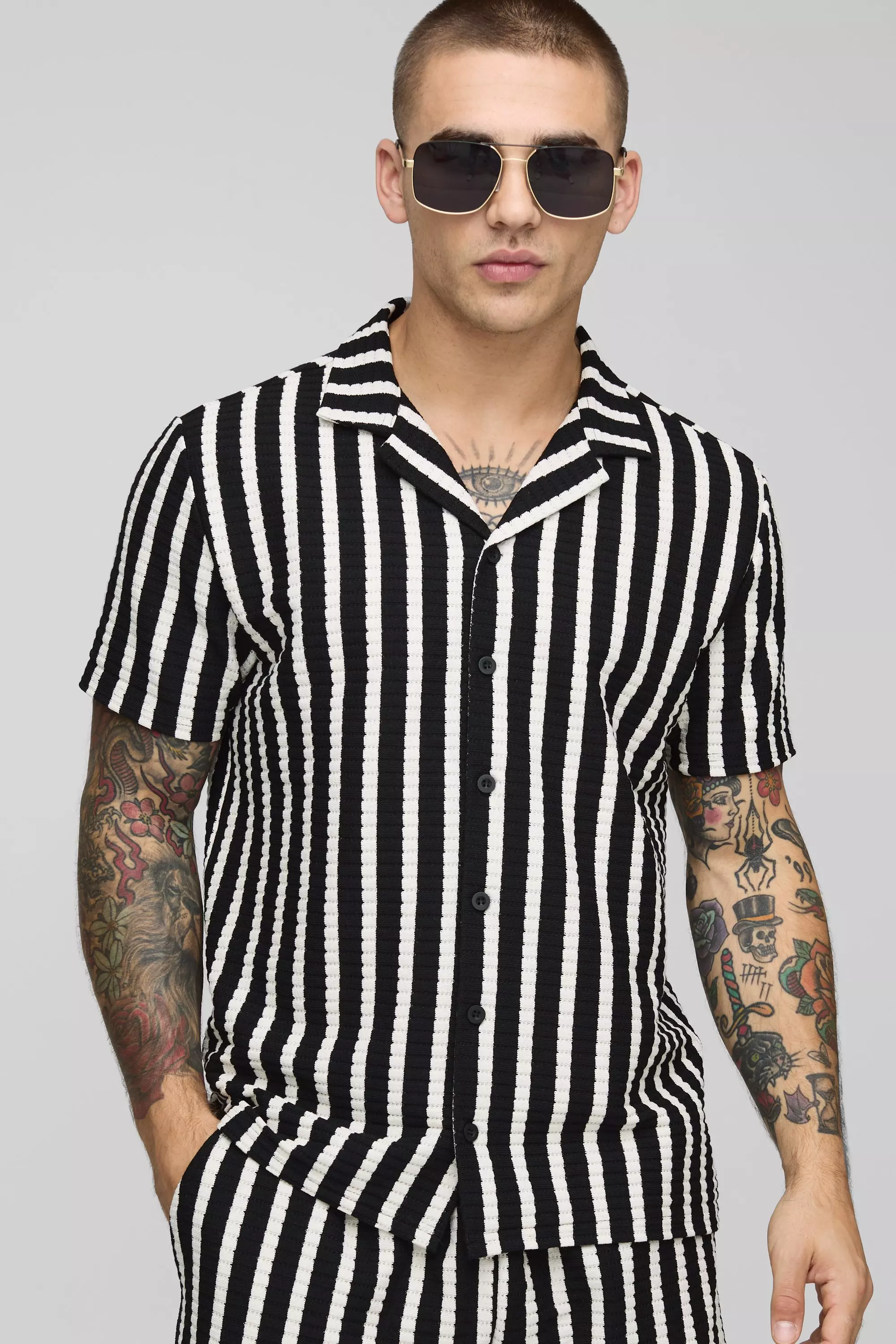 Regular Fit Textured Stripe Revere Collar Jersey Shirt and Shorts Set | boohooMAN USA