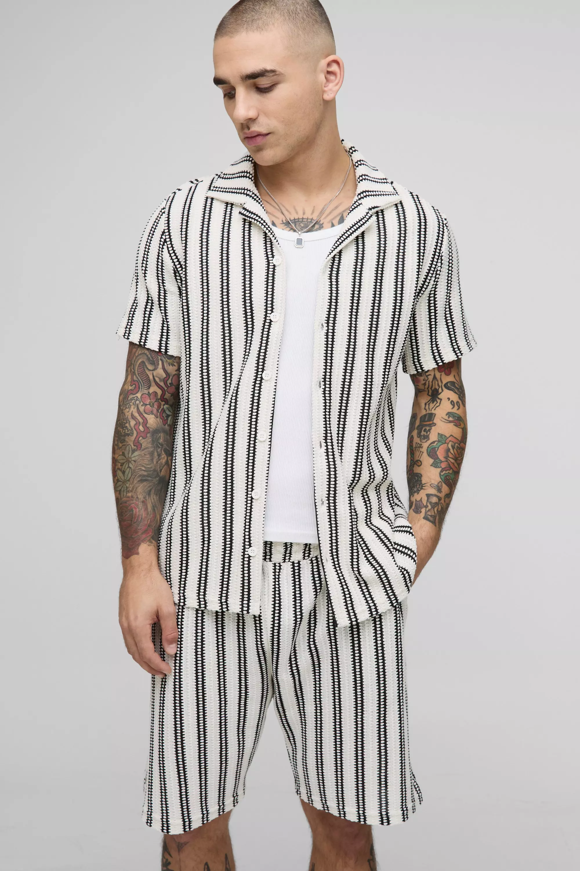 Regular Fit Textured Stripe Revere Collar Jersey Shirt and Shorts Set | boohooMAN USA