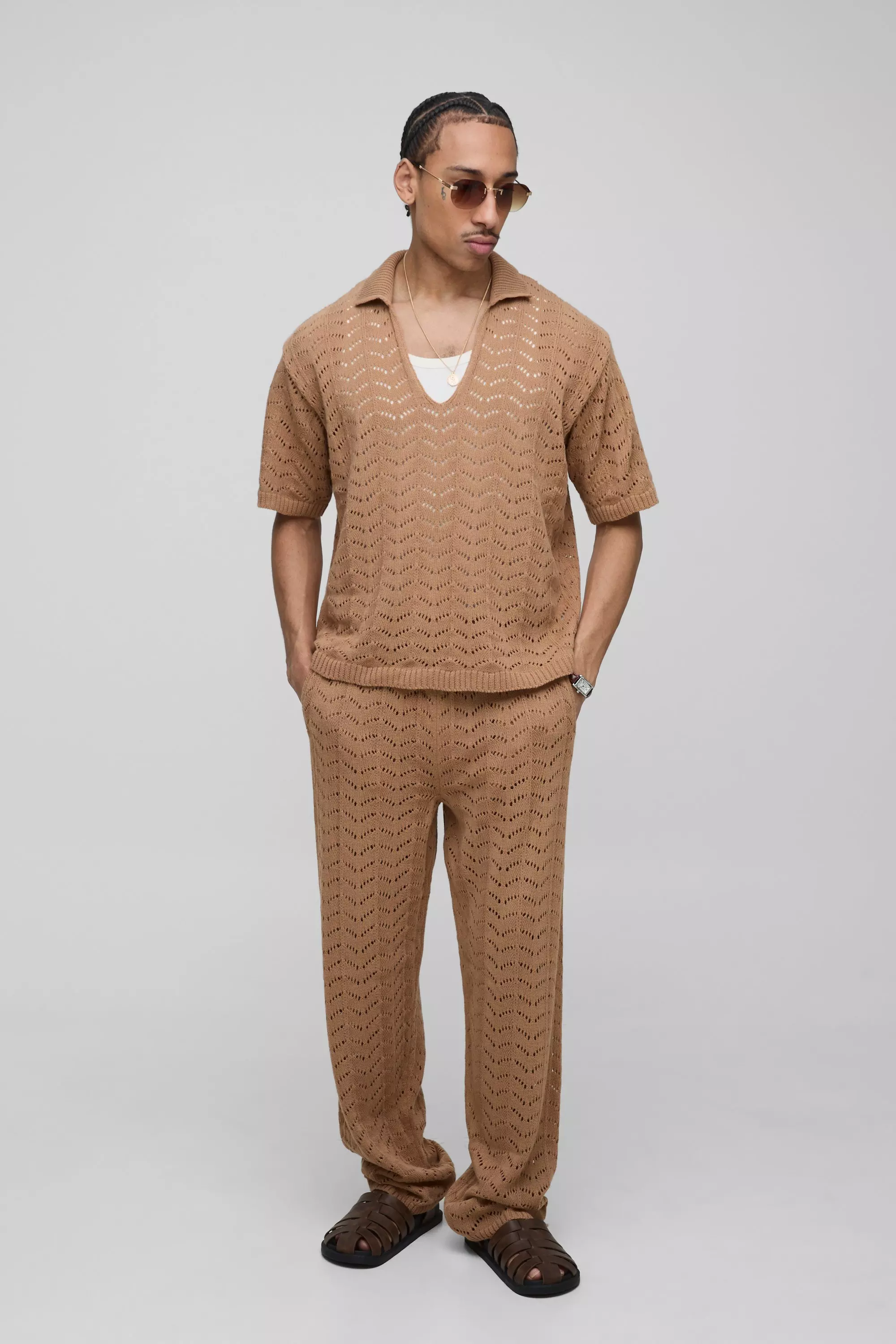 Boxy V Neck Relaxed Texture Knitted Trouser and Polo Set Taupe
