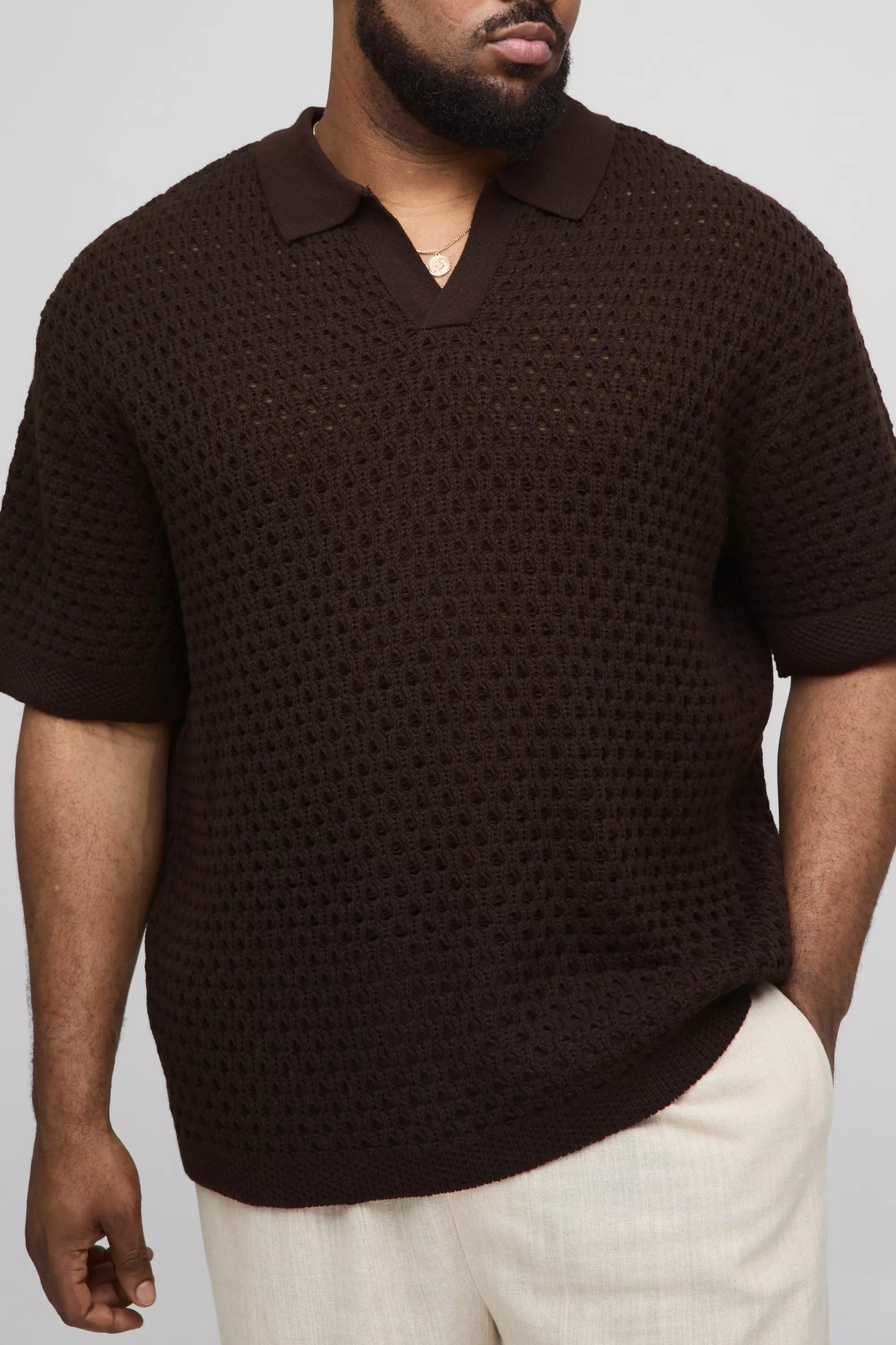 Plus Oversized Chunky Crochet V Neck T-Shirt Chocolate