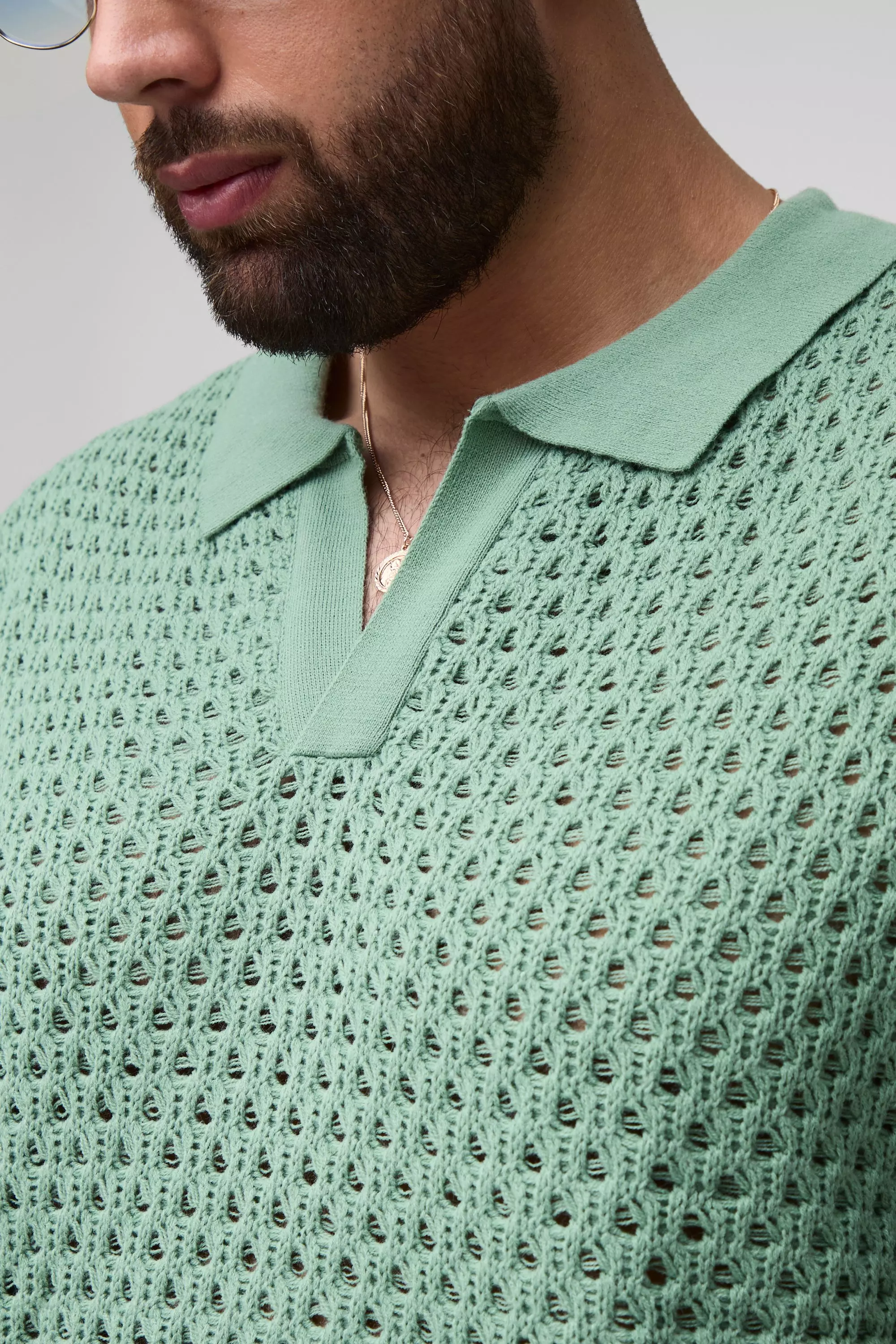 Plus Oversized Chunky Crochet V Neck T-Shirt | boohooMAN USA