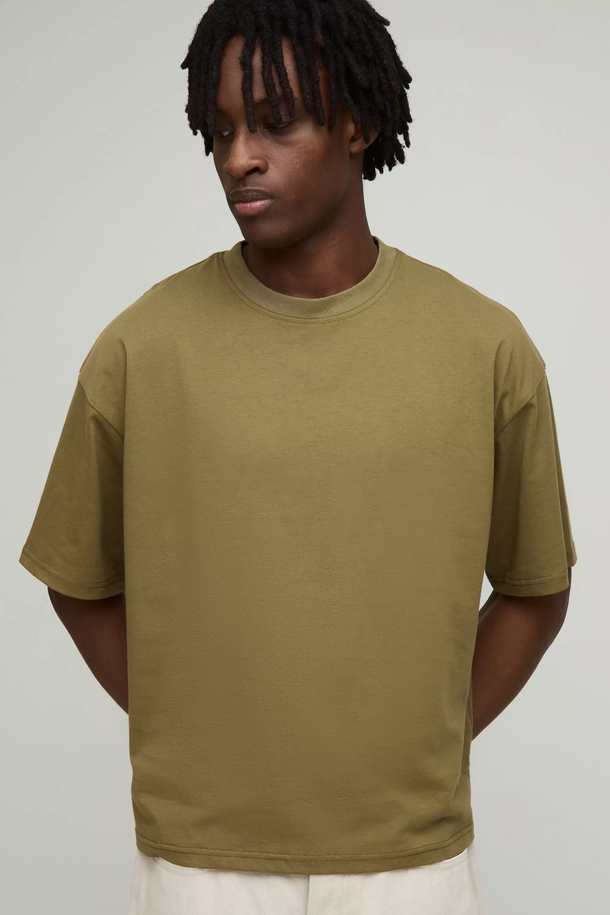 Basic Oversized Boxy Crew Neck T-shirt Olive