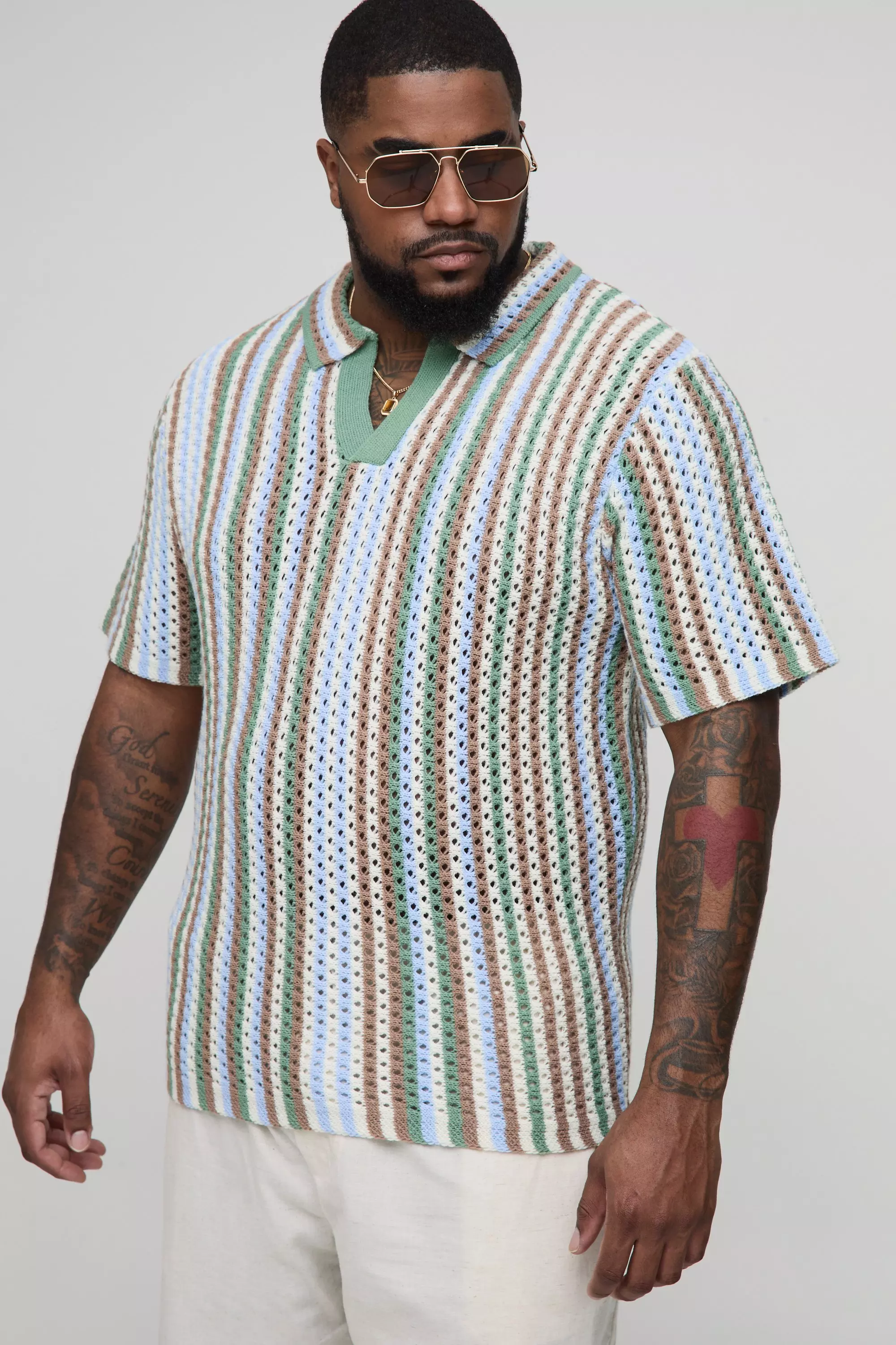 Grande taille - Polo rayé en crochet, Khaki autre image