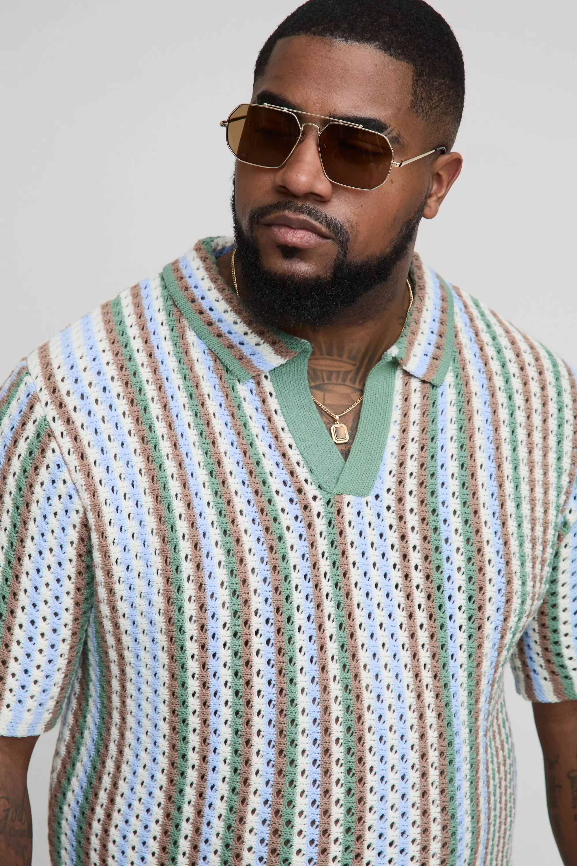 Grande taille - Polo rayé en crochet, Khaki autre image
