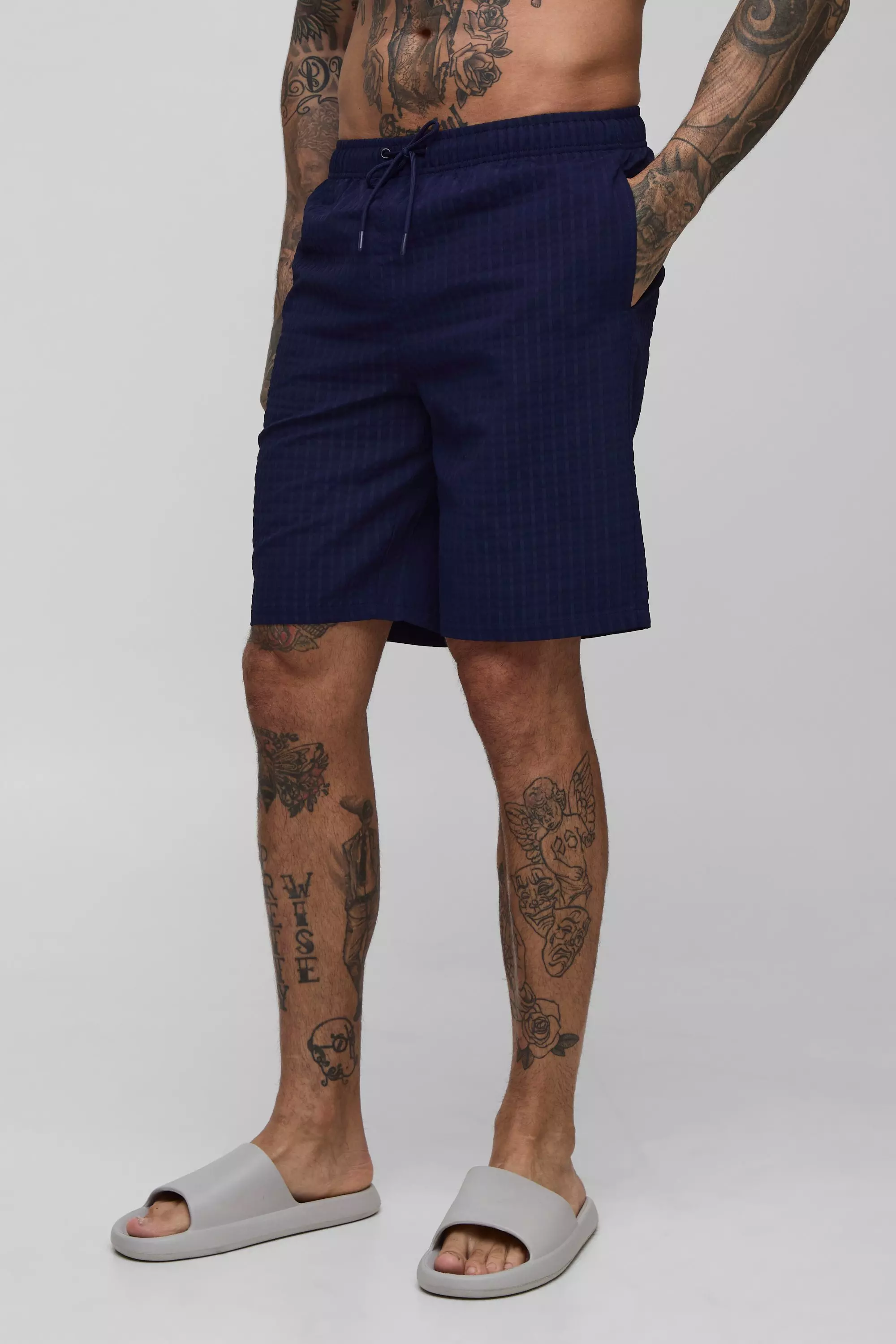 Tall Seersucker Check Long Length Swim Short Navy