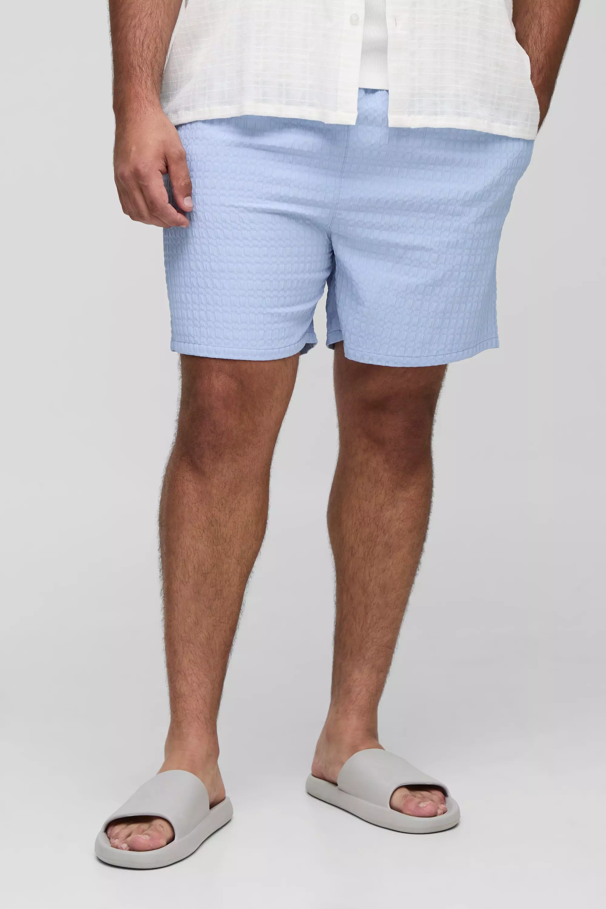 Plus Seersucker Check Mid Length Swim Short Blue