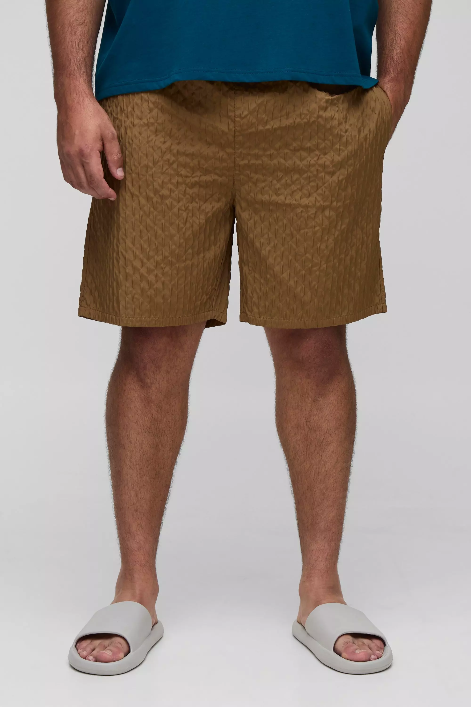 Brown Plus Textured Long Length Swim Short