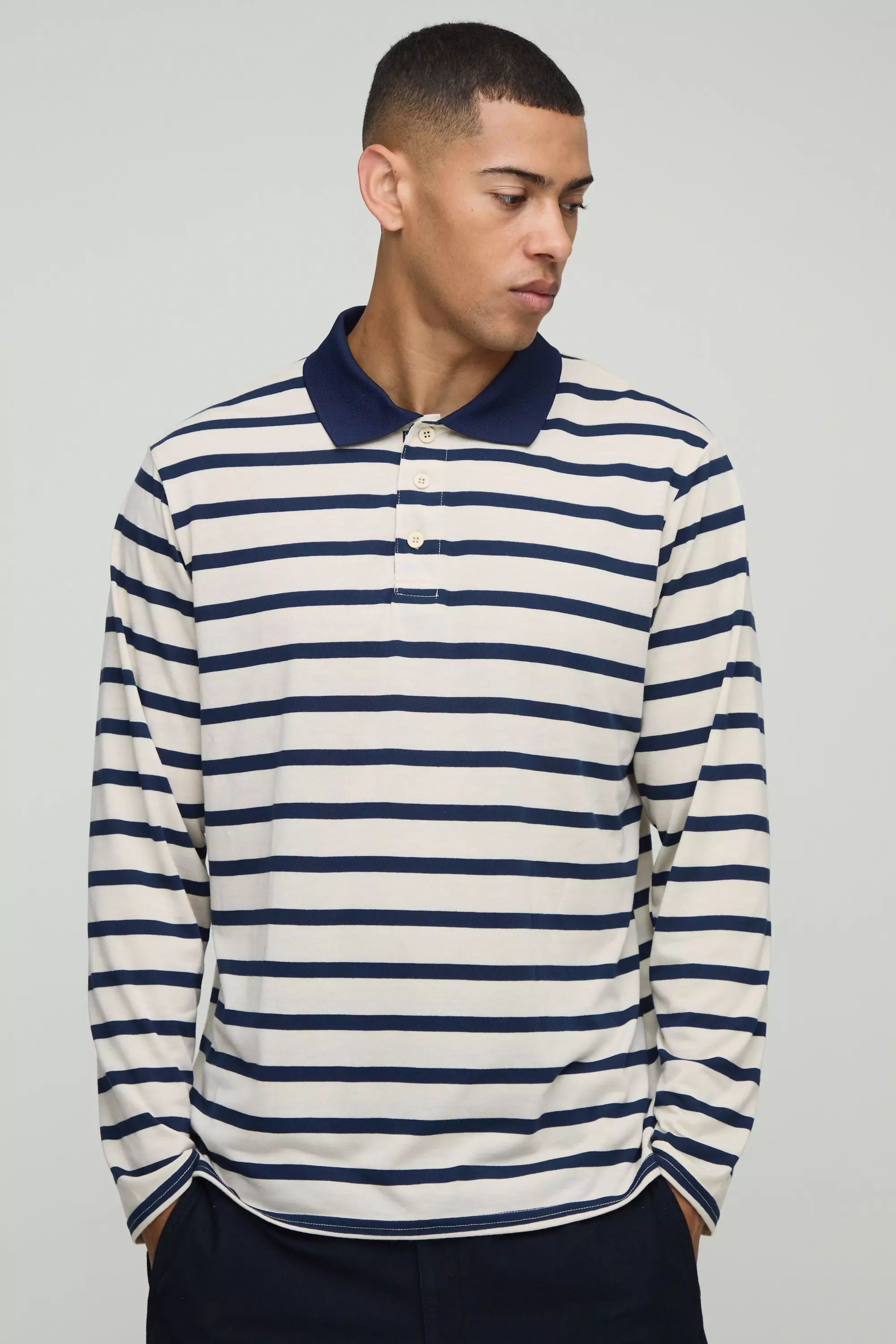 Navy Regular Fit Stripe Long Sleeve Button Rugby Polo alternative image
