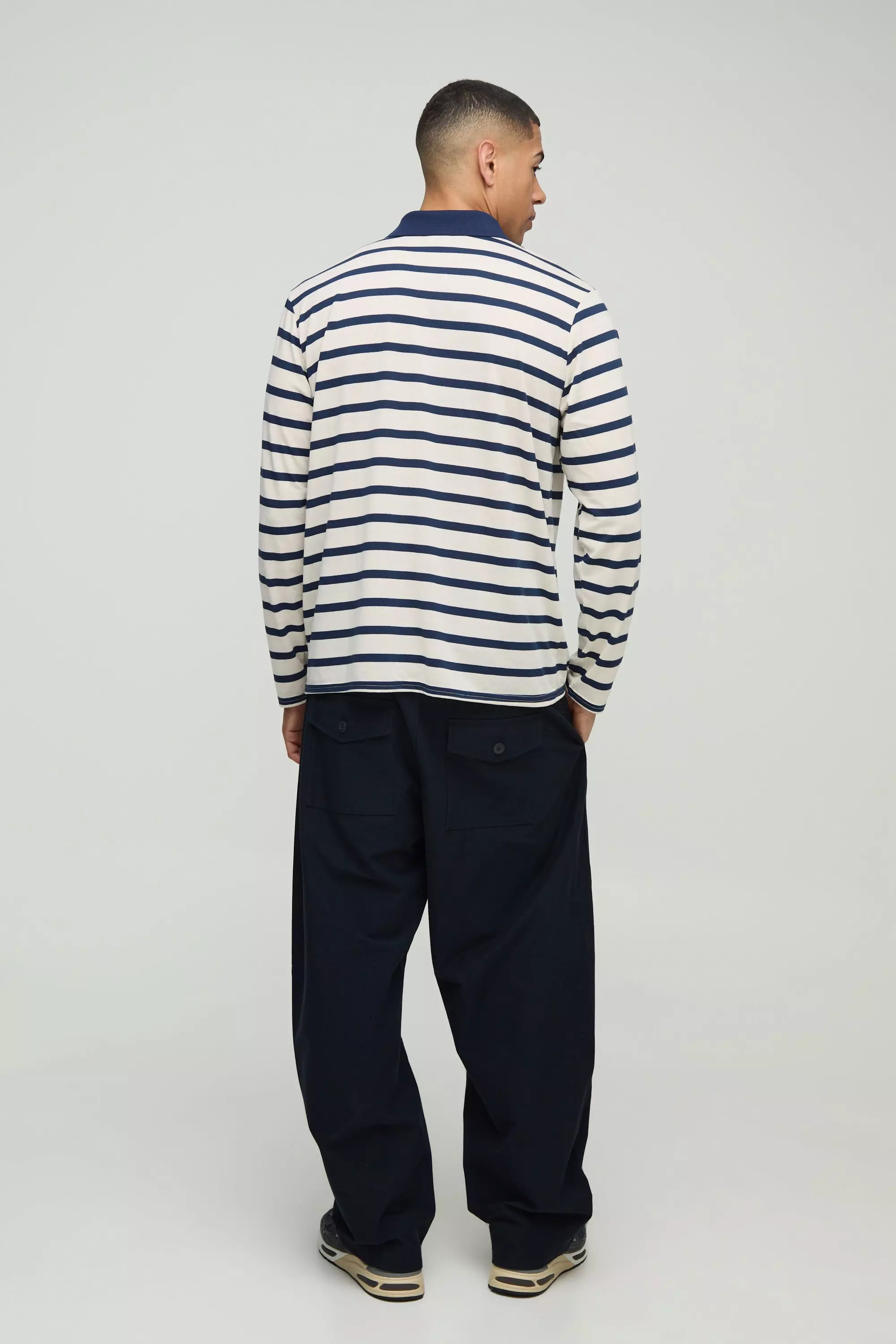 Navy Regular Fit Stripe Long Sleeve Button Rugby Polo alternative image