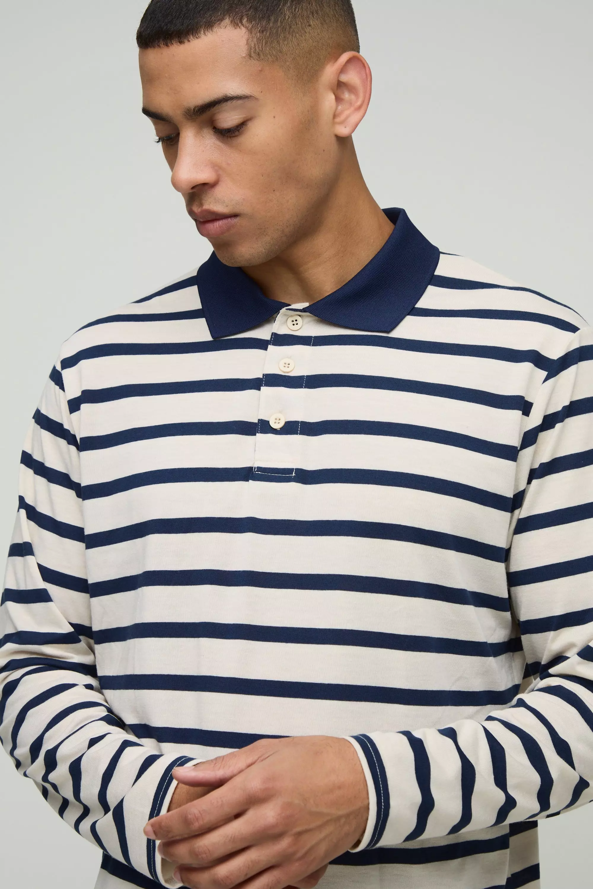Navy Regular Fit Stripe Long Sleeve Button Rugby Polo alternative image