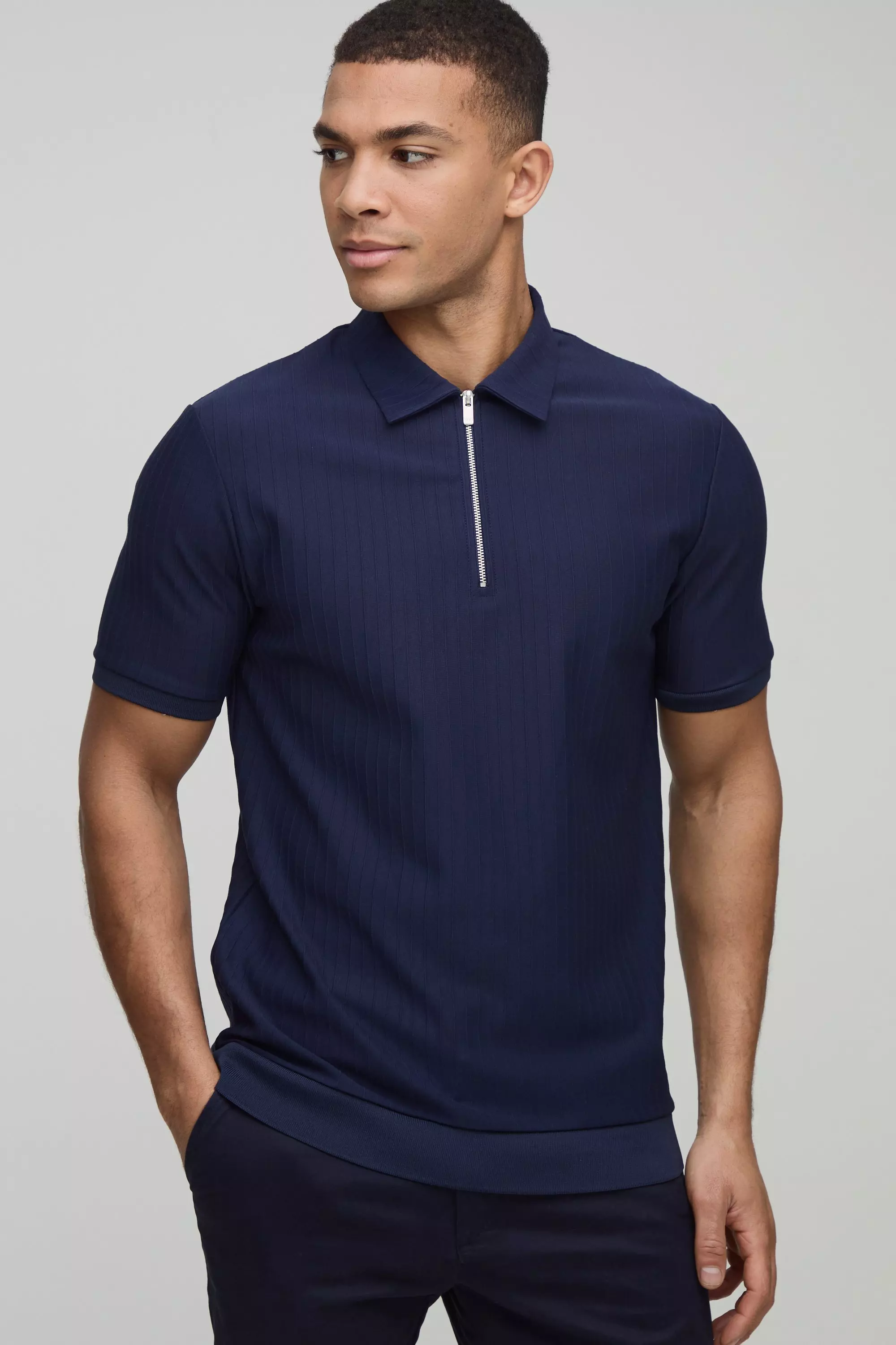 Slim Fit Zip Collar Textured Stripe Short Sleeve Polo Navy