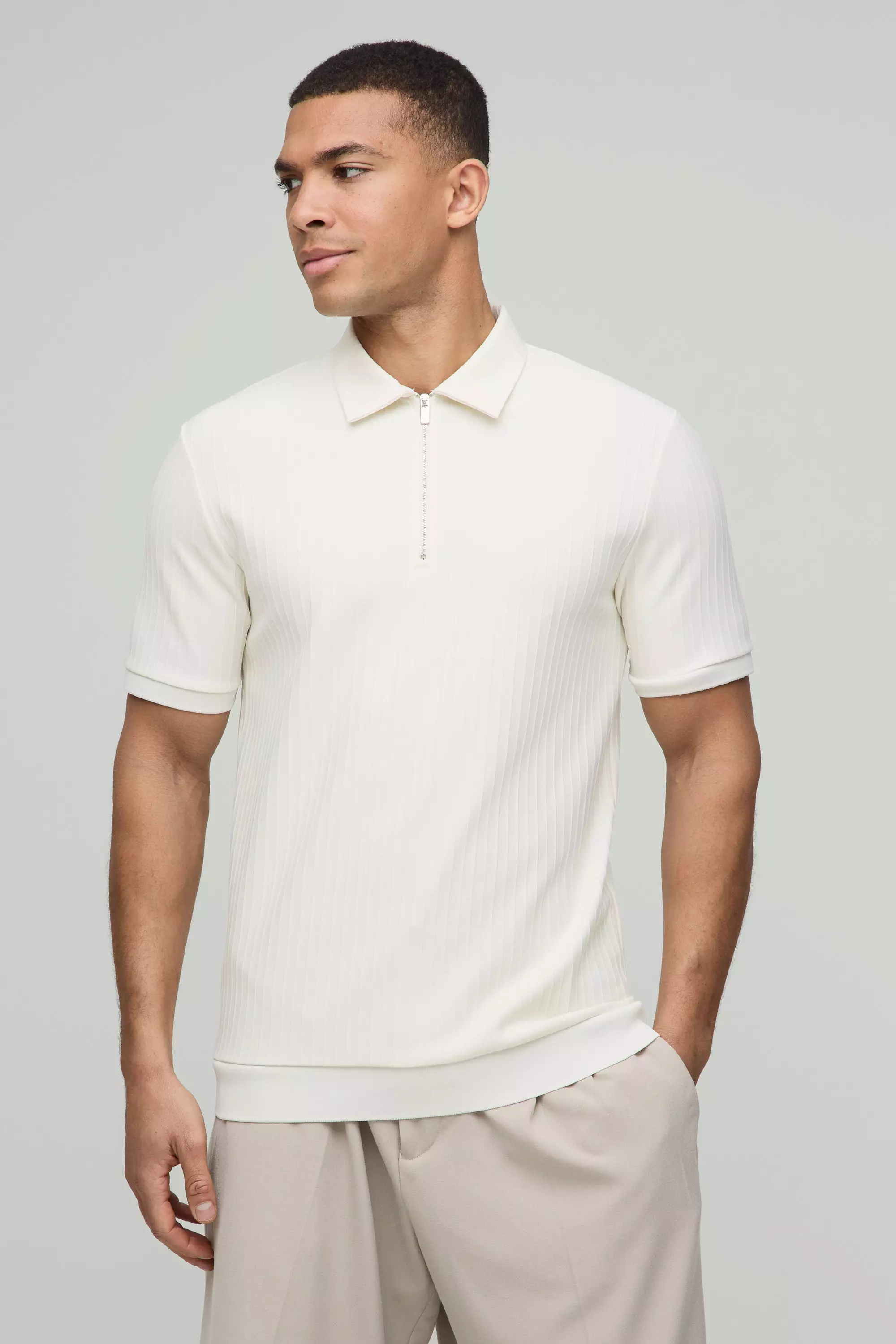 Ecru Slim Fit Zip Collar Textured Stripe Short Sleeve Polo alternative image