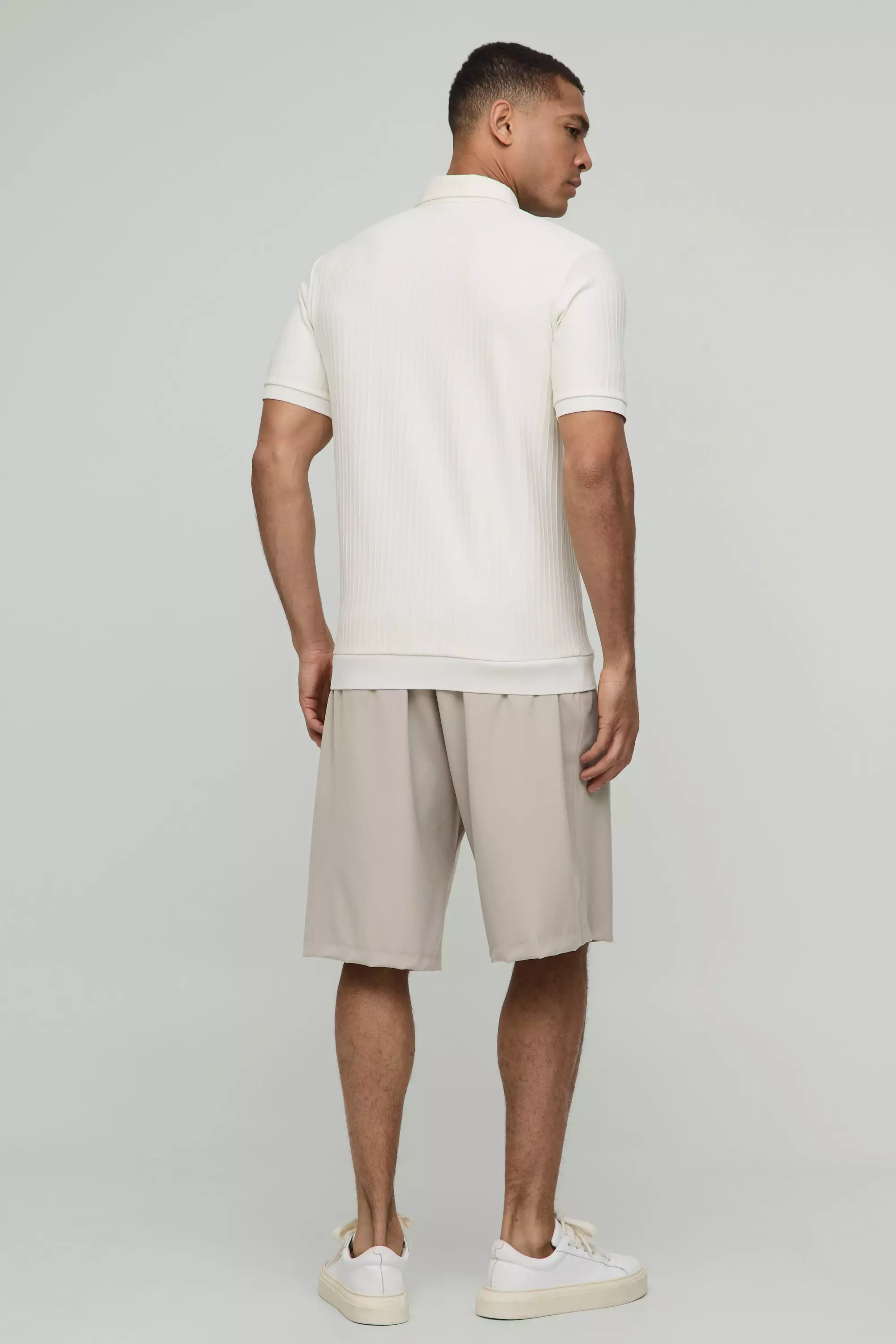Ecru Slim Fit Zip Collar Textured Stripe Short Sleeve Polo alternative image