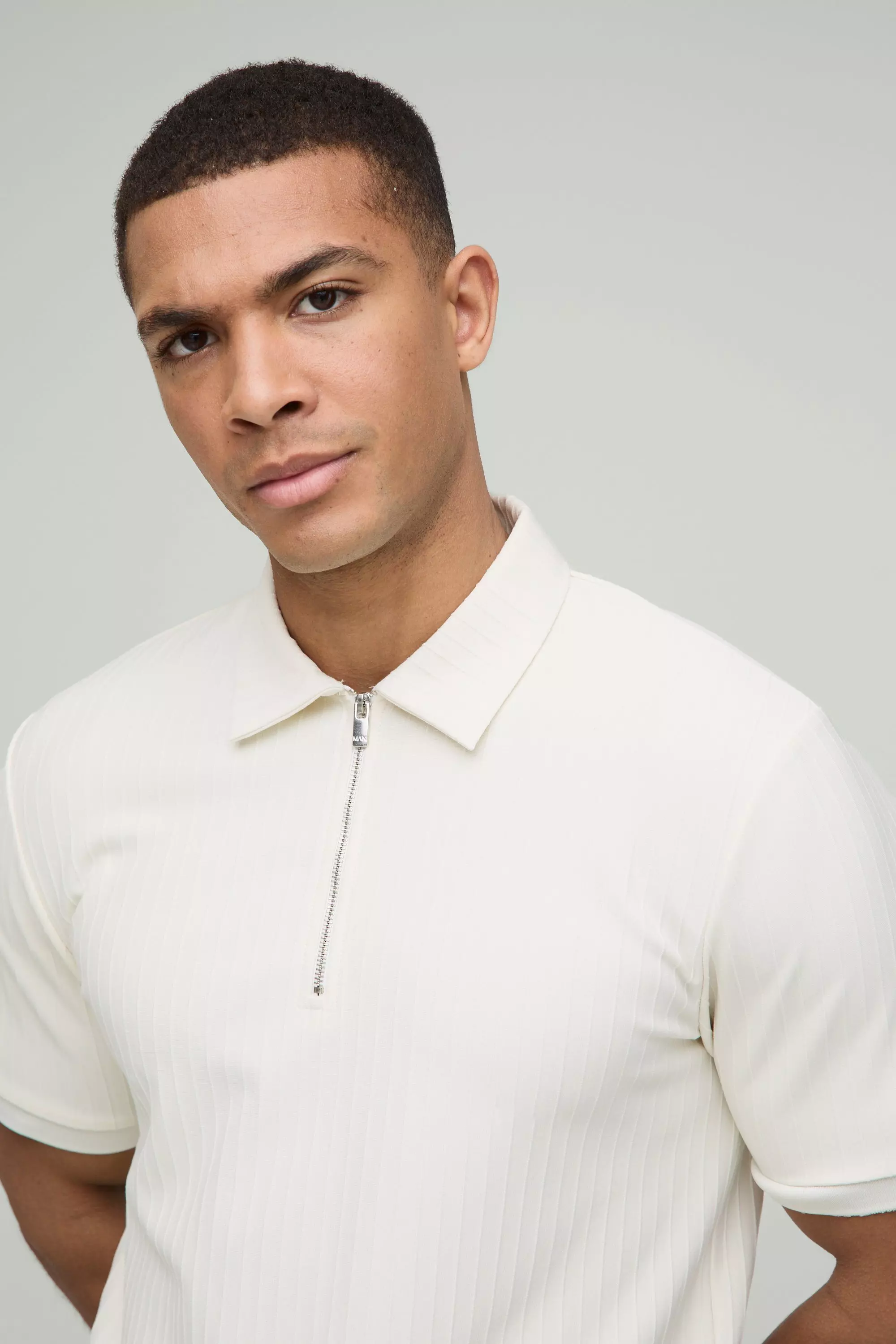 Ecru Slim Fit Zip Collar Textured Stripe Short Sleeve Polo alternative image