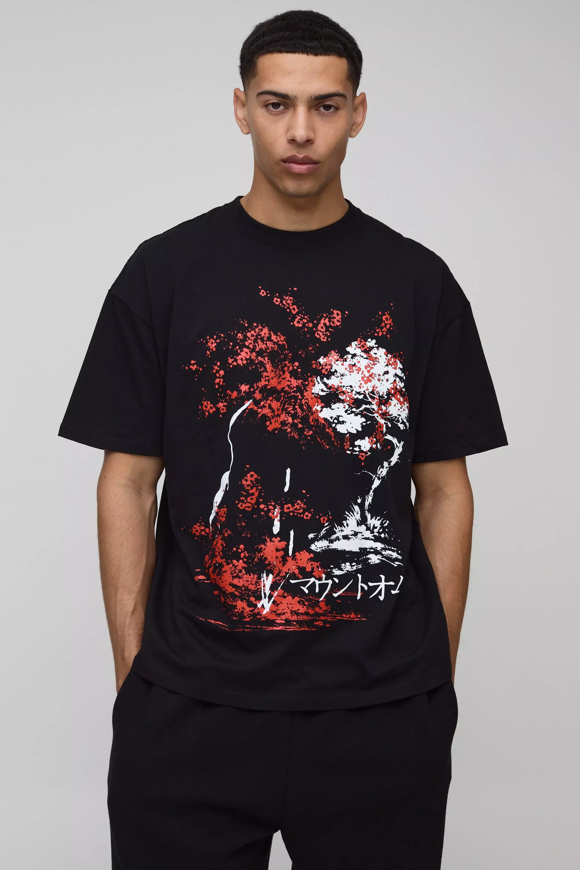 Black Oversized T-Shirt Met Japanse Bloesem Boom alternatieve afbeelding