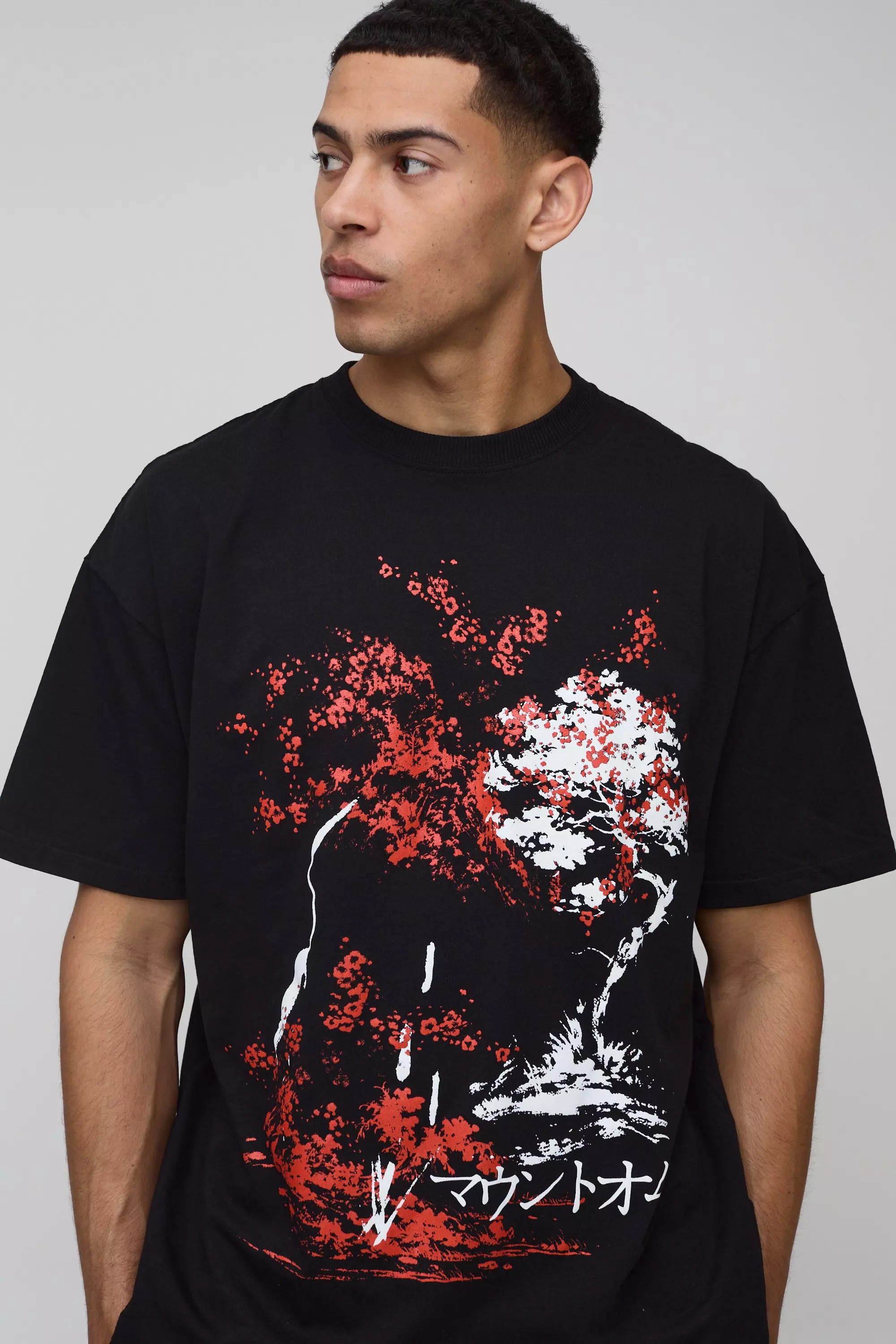 Black Oversized T-Shirt Met Japanse Bloesem Boom alternatieve afbeelding