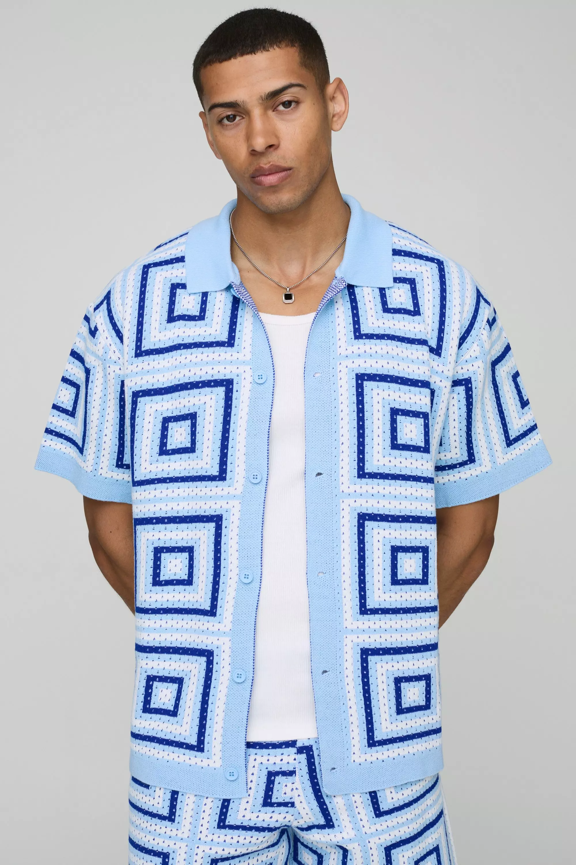 Blue Oversized Boxy Crochet Knitted Shirt alternative image