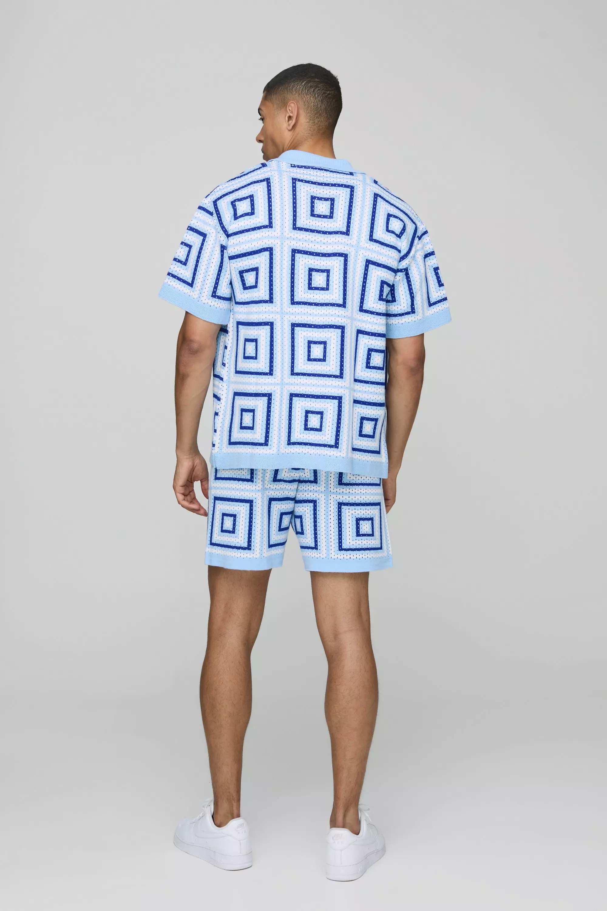 Blue Oversized Boxy Crochet Knitted Shirt alternative image