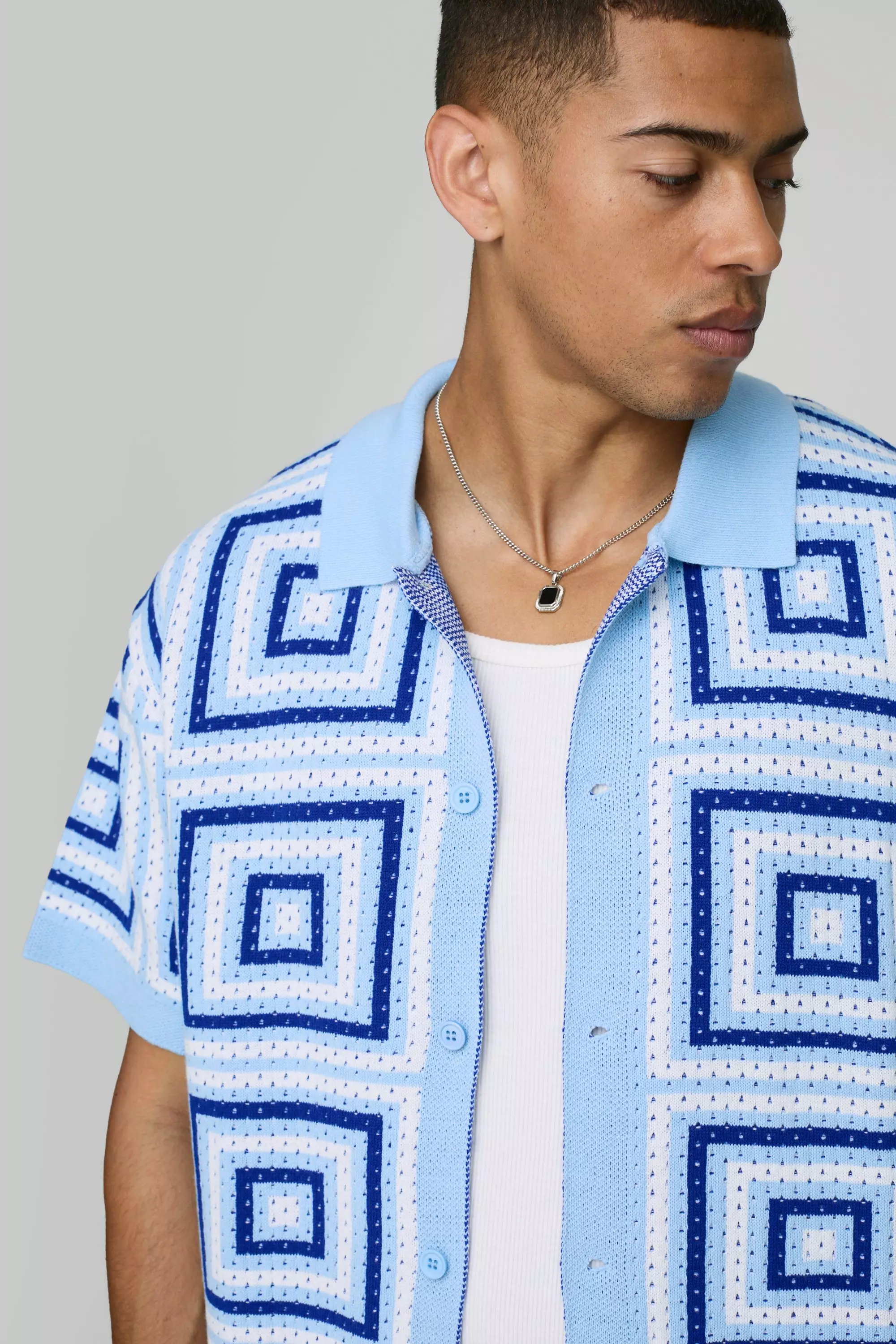 Blue Oversized Boxy Crochet Knitted Shirt alternative image