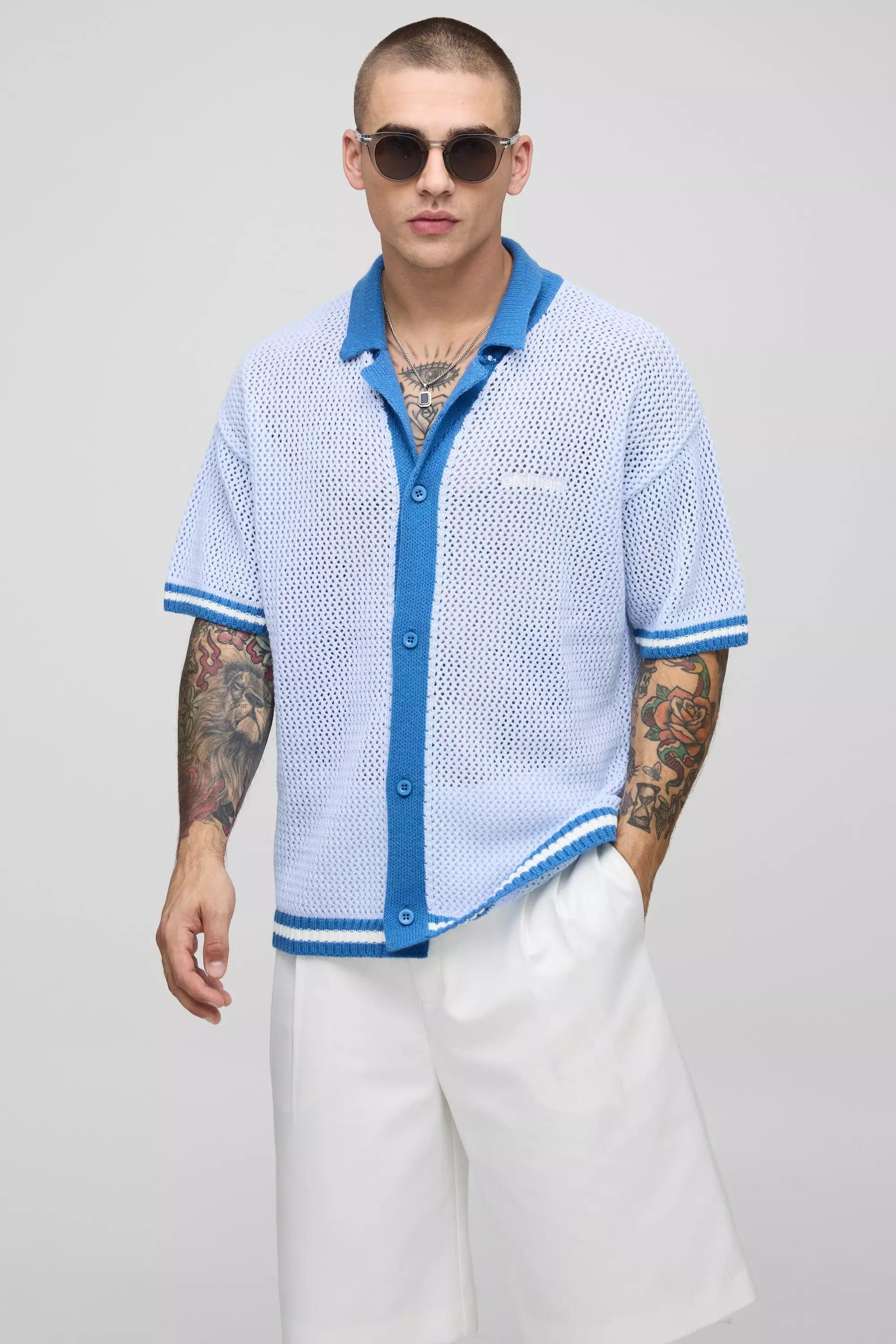 Blue Relaxed Fit Striped Hem Open Stitch Knitted Shirt alternative image