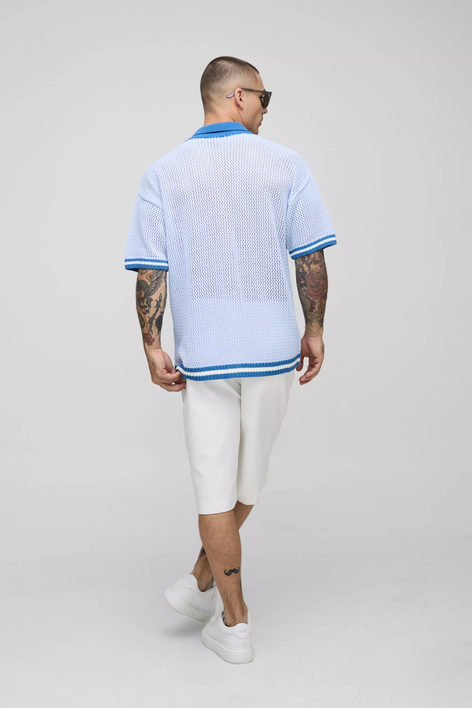 Blue Relaxed Fit Striped Hem Open Stitch Knitted Shirt alternative image