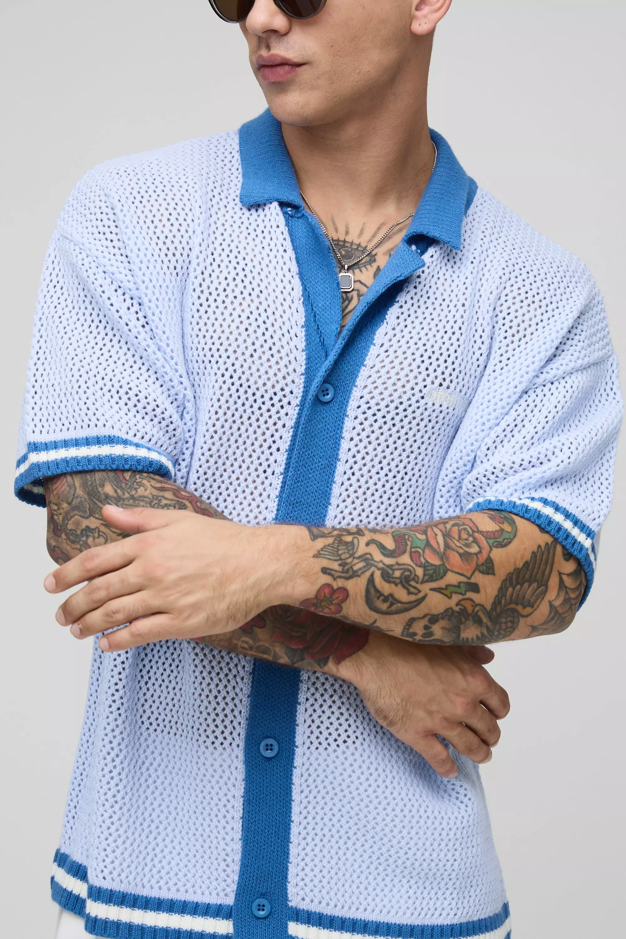 Blue Relaxed Fit Striped Hem Open Stitch Knitted Shirt alternative image