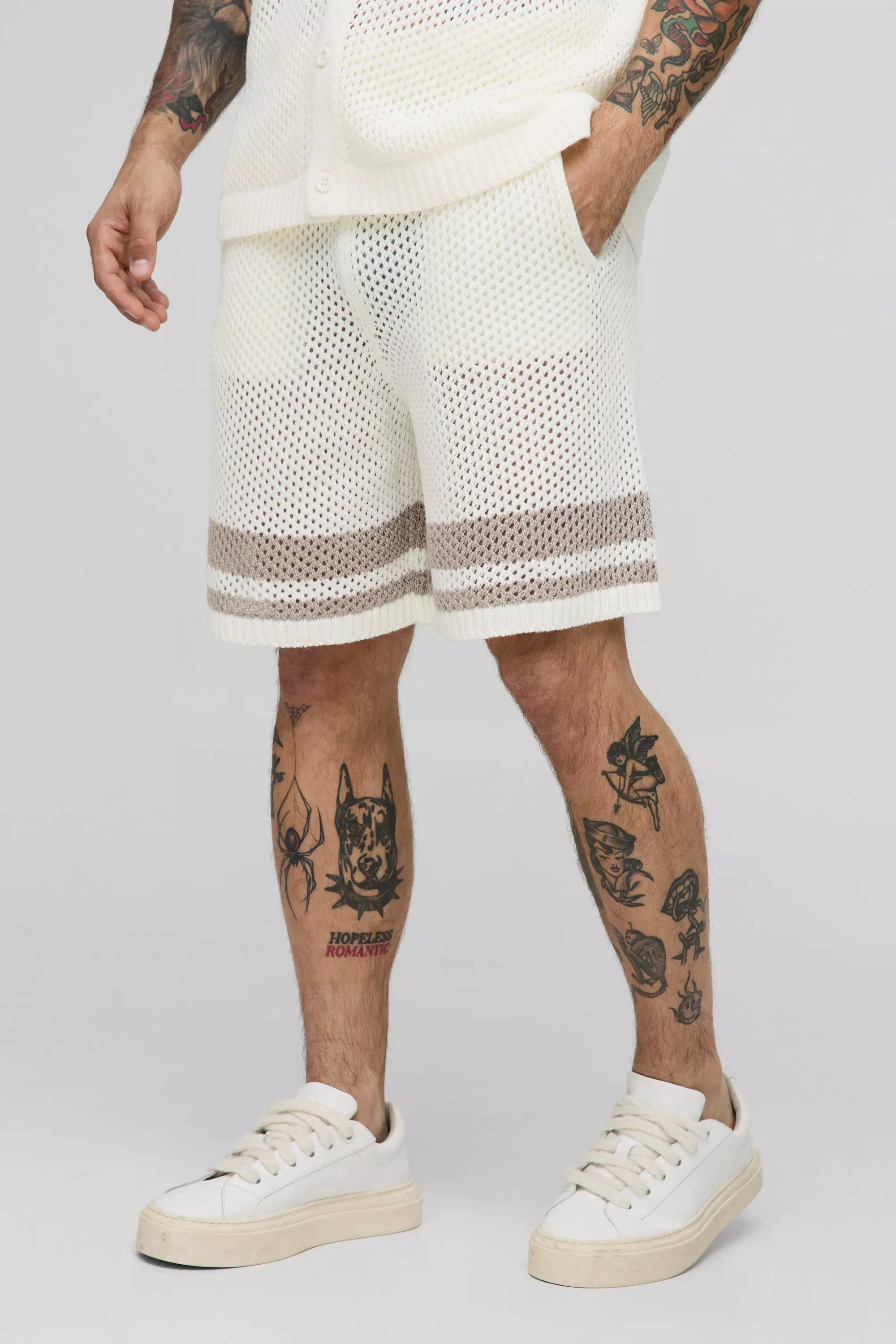 Relaxed Fit Striped Open Stitch Shorts Ecru