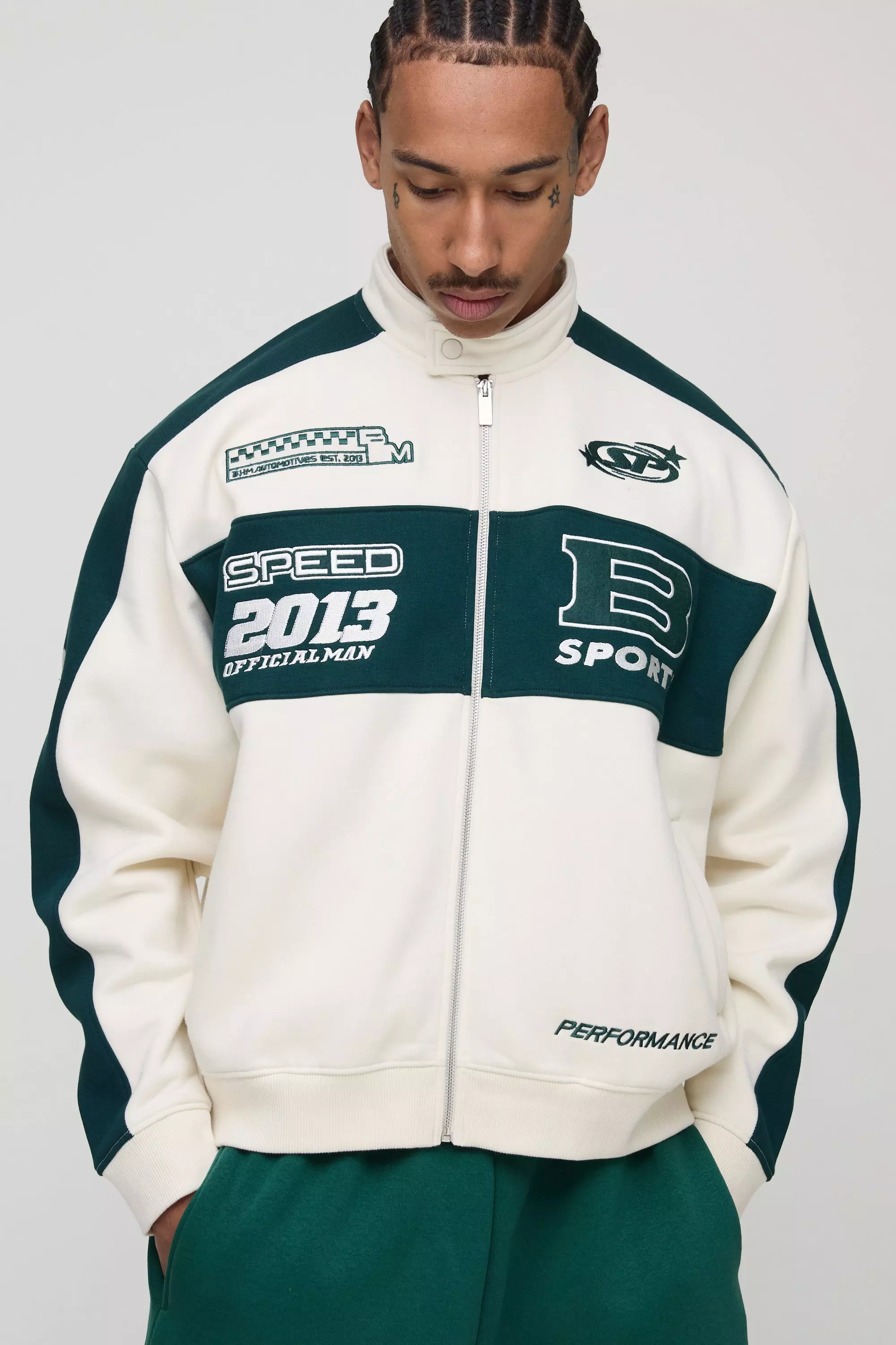 Oversized Jersey Moto Collar Bomber Jacket Ecru