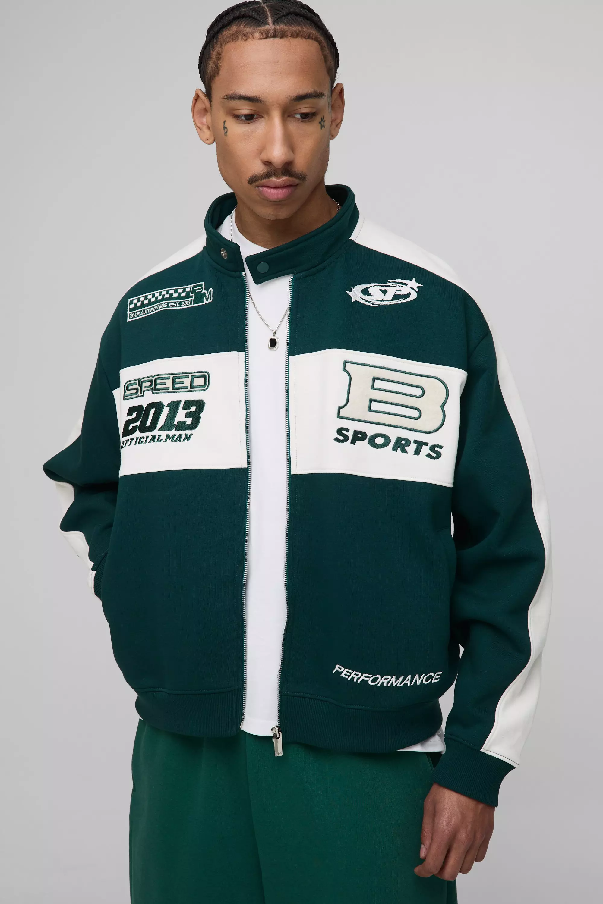 Oversized Jersey Moto Collar Bomber Jacket Forest