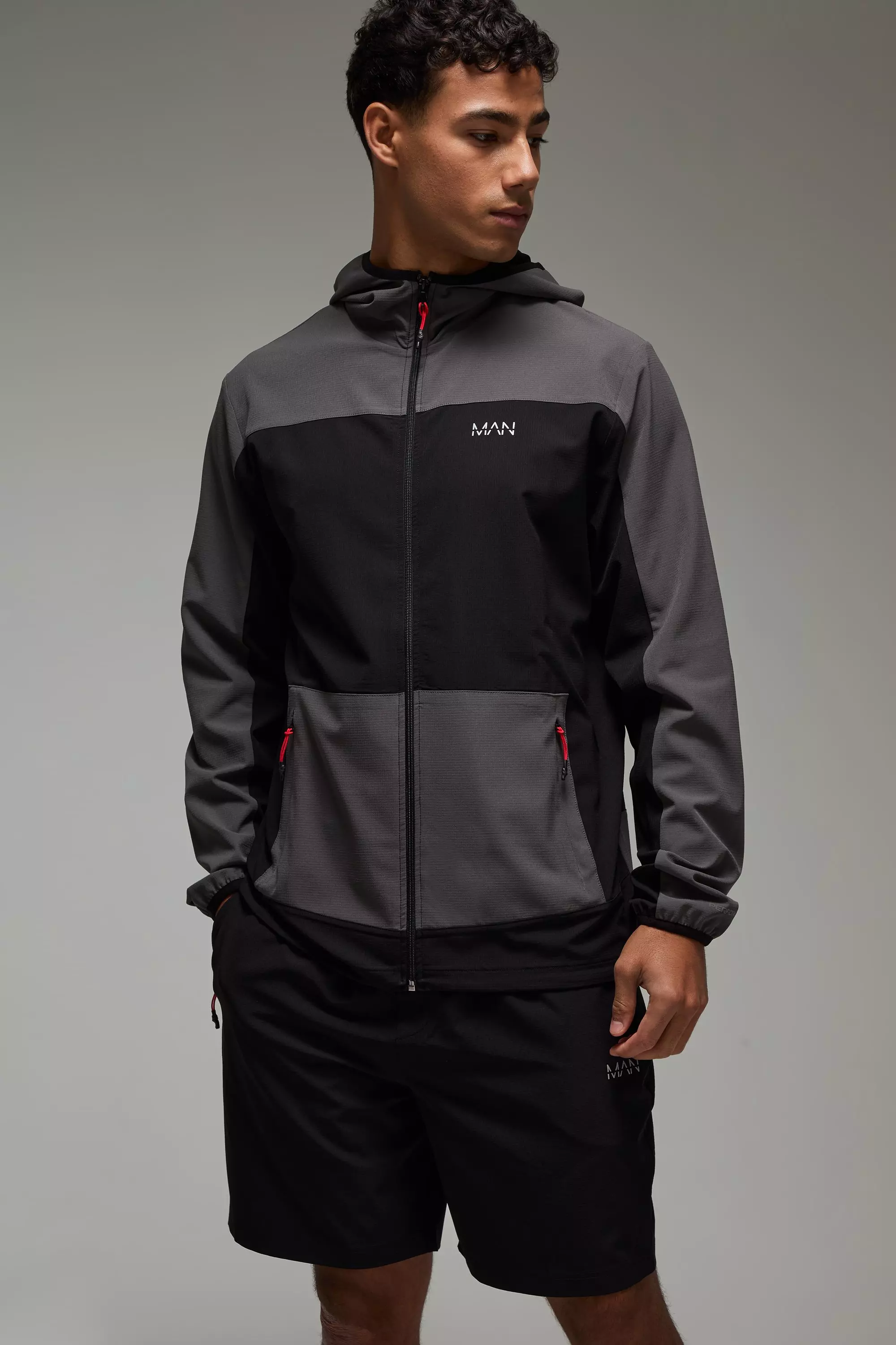 Man Active Stretch Ripstop Regular Fit Colour Block Short Tracksuit Black