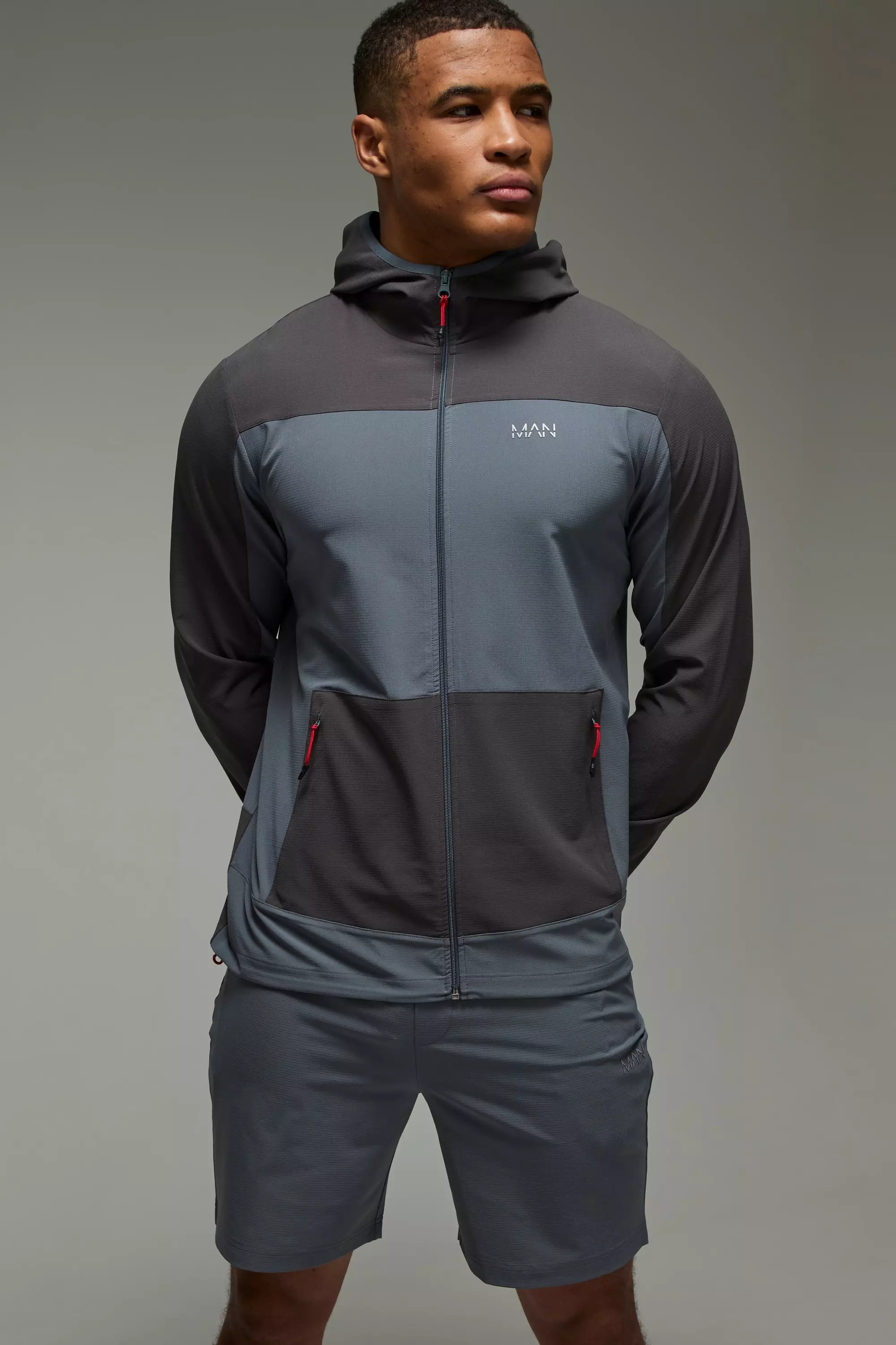 Man Active Stretch Ripstop Colour Block Short Tracksuit steel