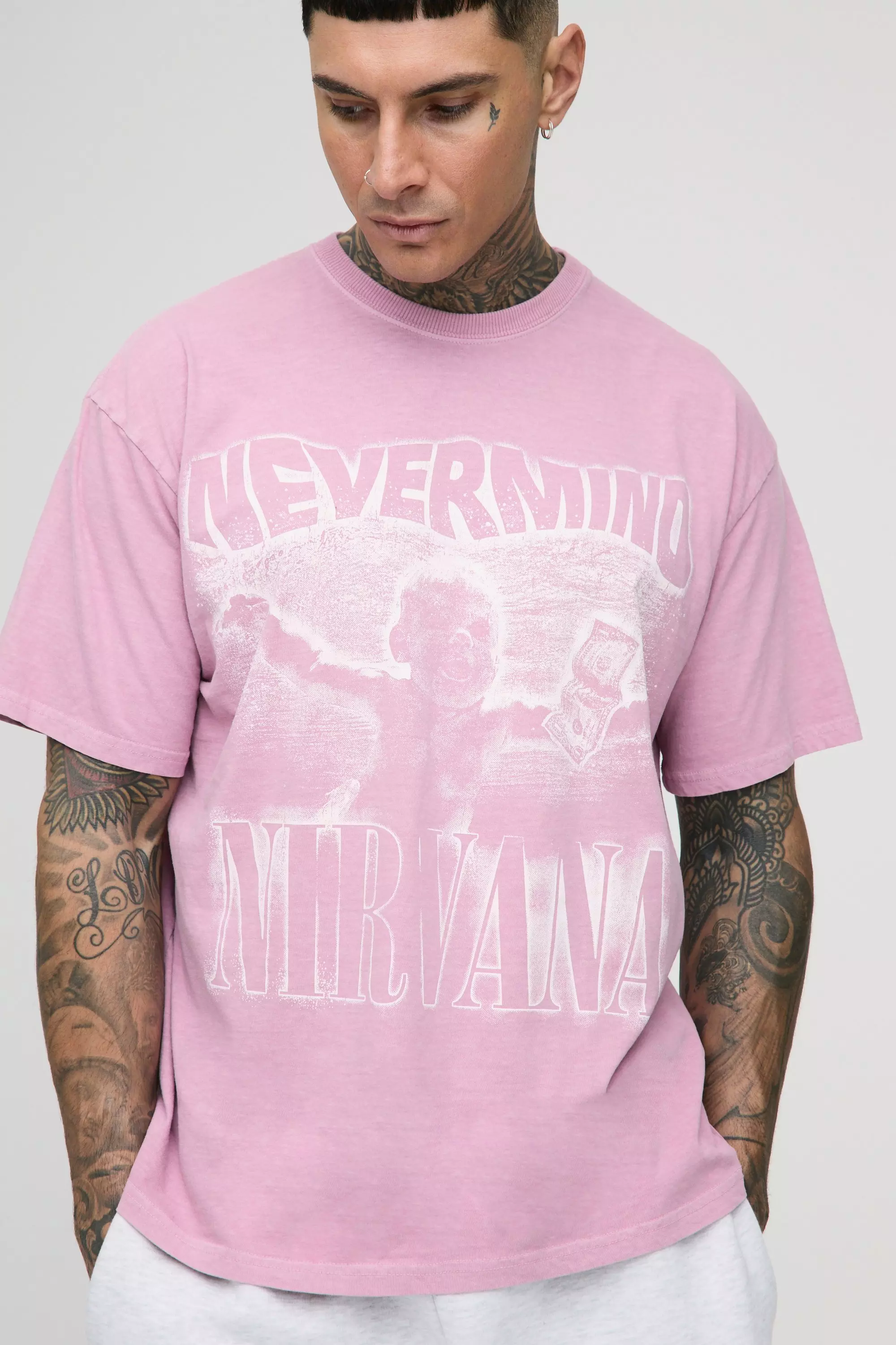 Tall Oversized Nirvana License Washed Print T-Shirt Pink